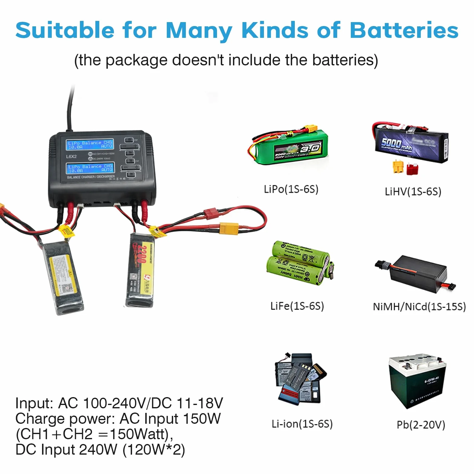 Haisito L6X2 Duo RC Balance Cargador/Descargador para Lilon LiPo Life LiHV NiCd NiMH PB Smart Batería Dual Multicargador AC 150W DC 240W 10A x 2