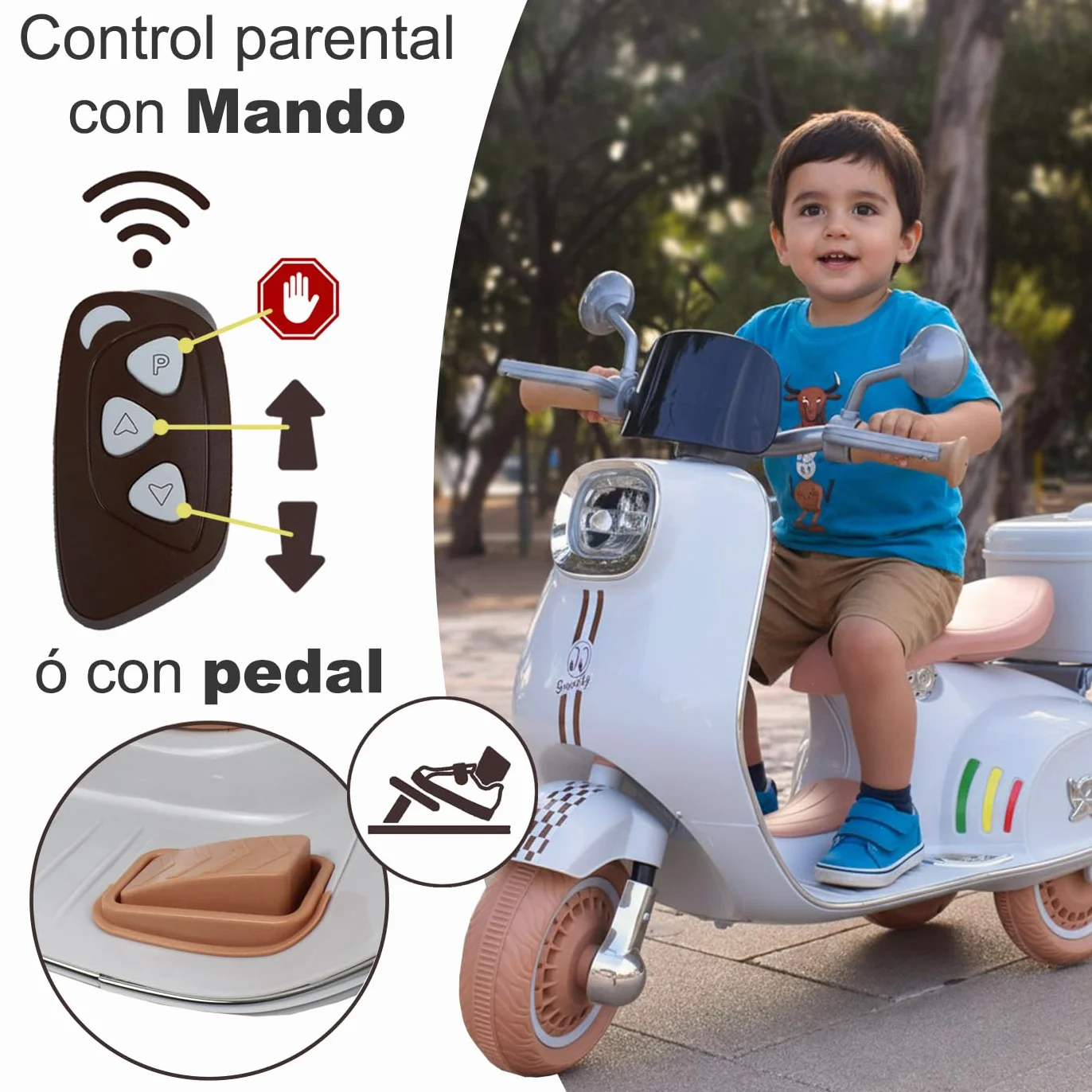 Twinly - Moto Eléctrica para niños SCOOTLY - Motocicleta Infantil con Mando a Distancia- Cargador y batería 6V hasta 40min – Acelerador de Pedal - Maletero, USB, luz y MP3 Bluetooth (Rosa)