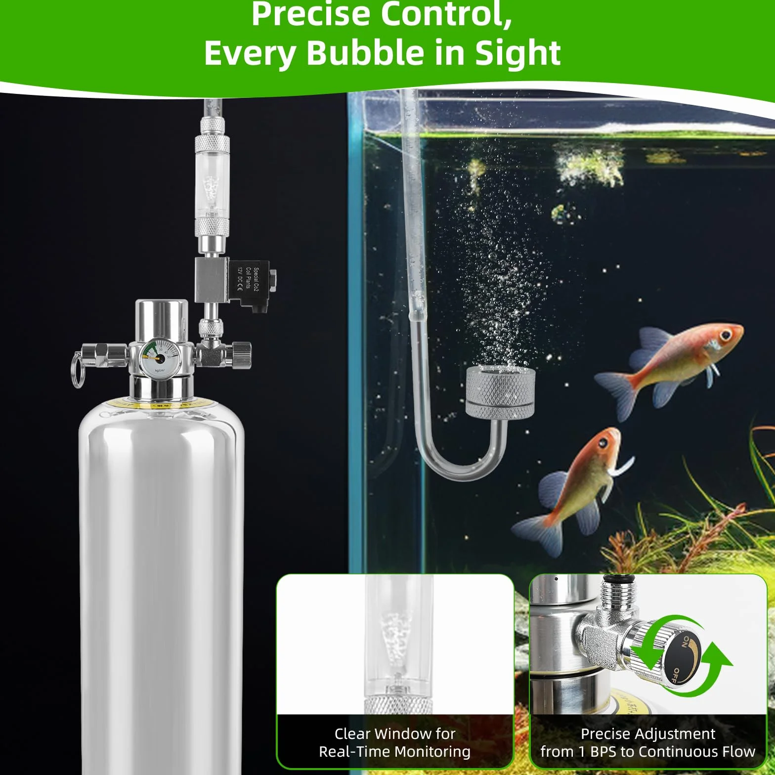 Kit Generador de CO2 para Acuario, Botella 2L Acero Inoxidable con Electroválvula y Contador de Burbujas