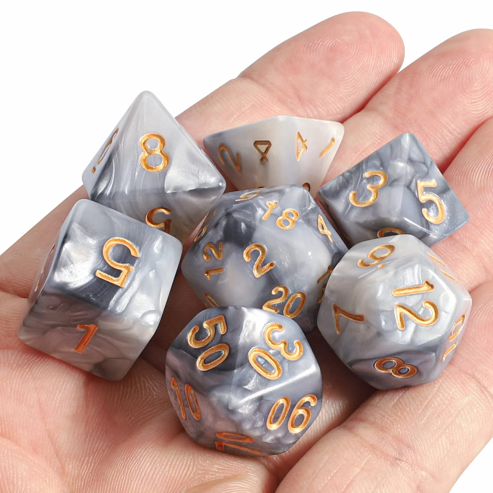 QMAY DND - Juego de dados poliédricos de 7 piezas para Dungeon and Dragons MTG RPG D&D D20, D12, D10, D%, D8, D6, D4 (gris mezclado blanco)