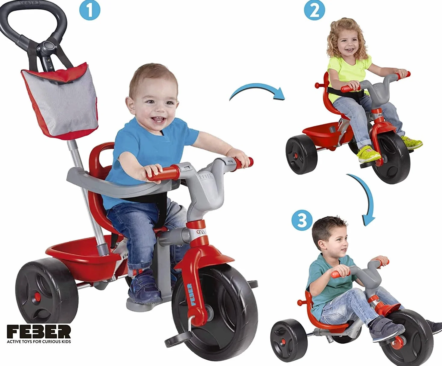 FEBER - EVO Trike Plus, Triciclo para Niños con Estructura Metálica y Cinturón de Seguridad, 2 Posiciones, Silla de Empuje y Mando para Música con Altavoz, 9 Meses+, Azul, Famosa (800010946)