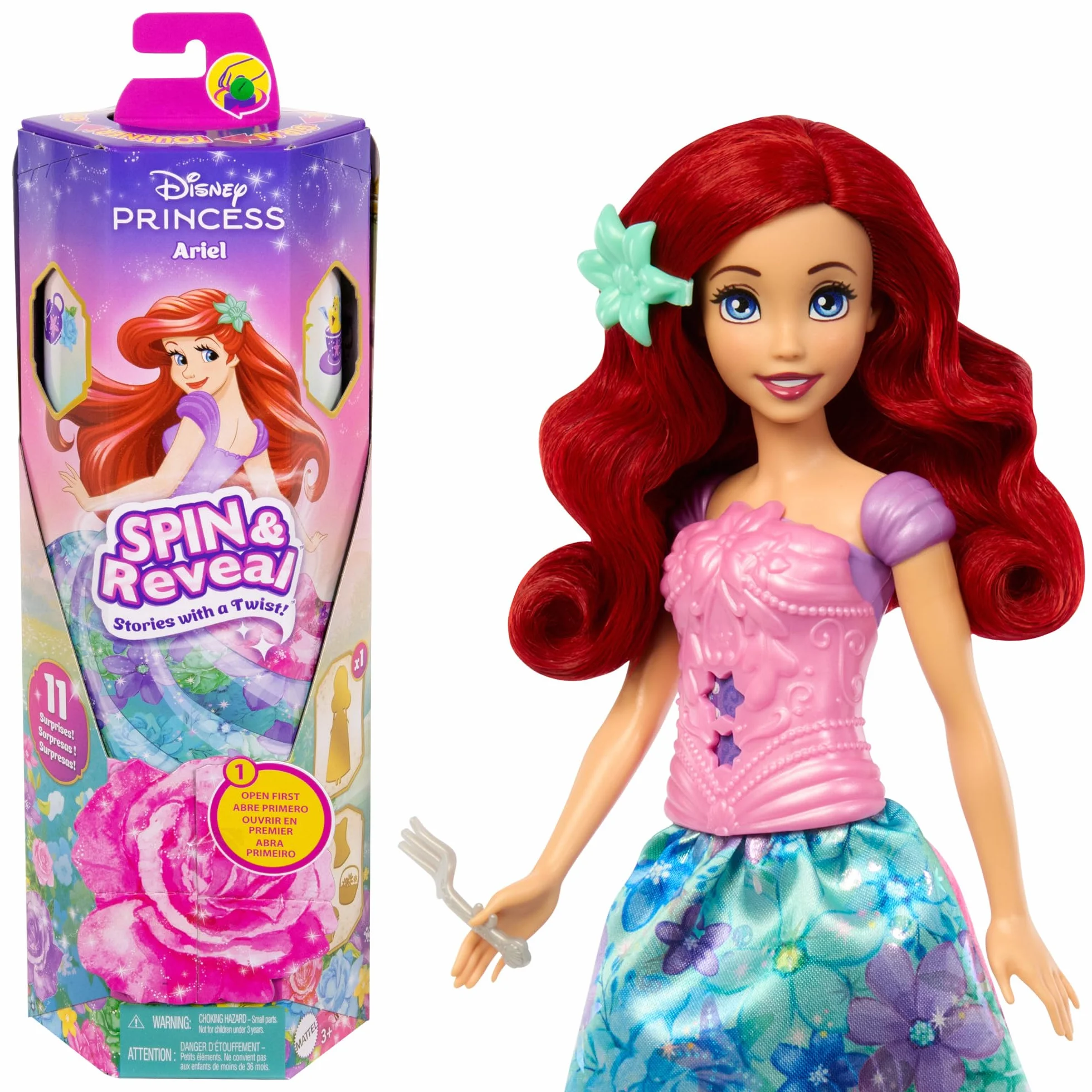 Mattel Disney Princess Spin & Reveal Ariel, Muñeca princesa con falda de flores, incluye 11 sorpresas como 5 accesorios y 5 pegatinas, juguete regalo para niños y niñas +3 años, HTV88
