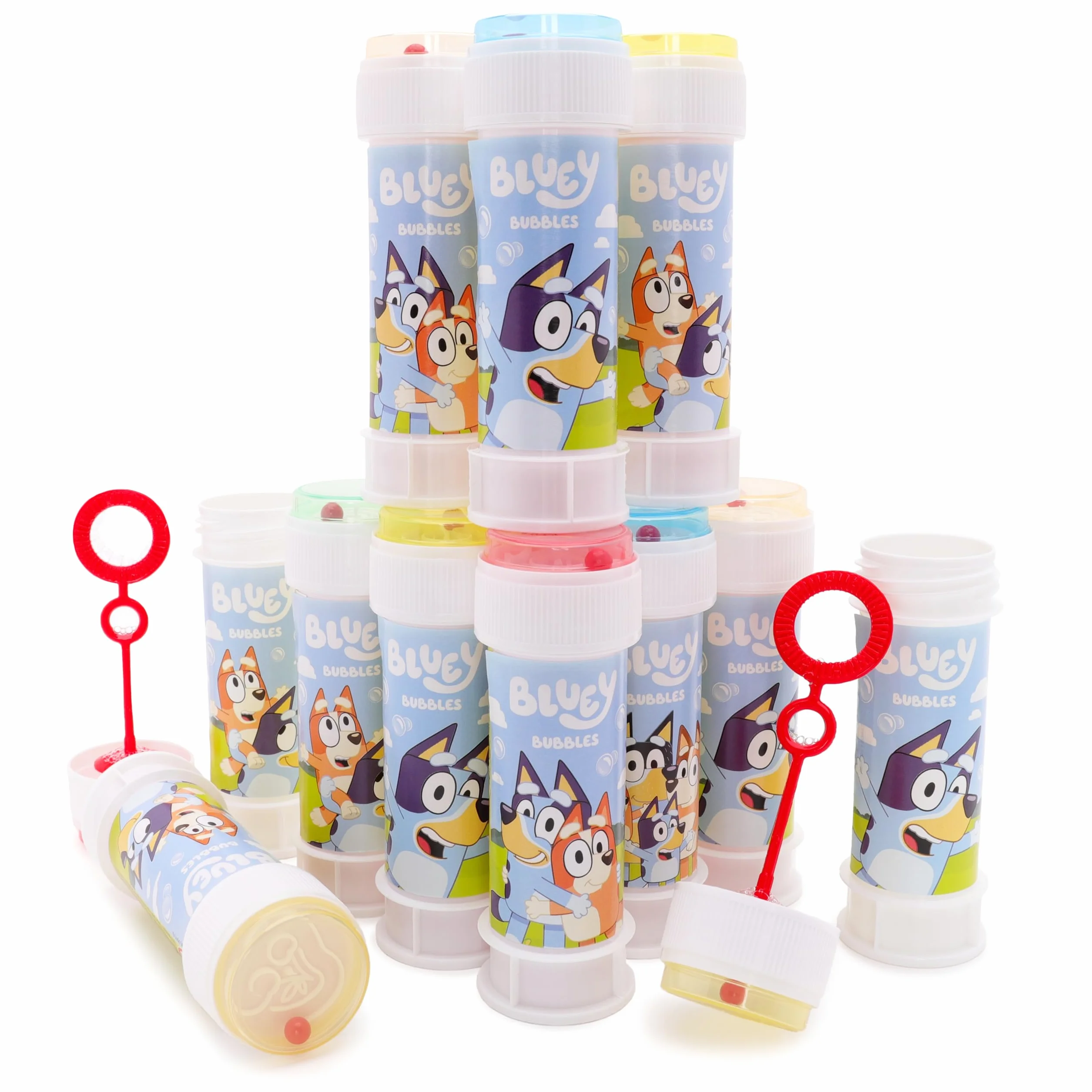 Toyland® Pack de 12 Bluey Botes de Burbujas con Varitas, Solución de 60ml y Tapa de Laberinto Novedosa - Juguetes para bolsitas de Fiesta y Dinero de Bolsillo
