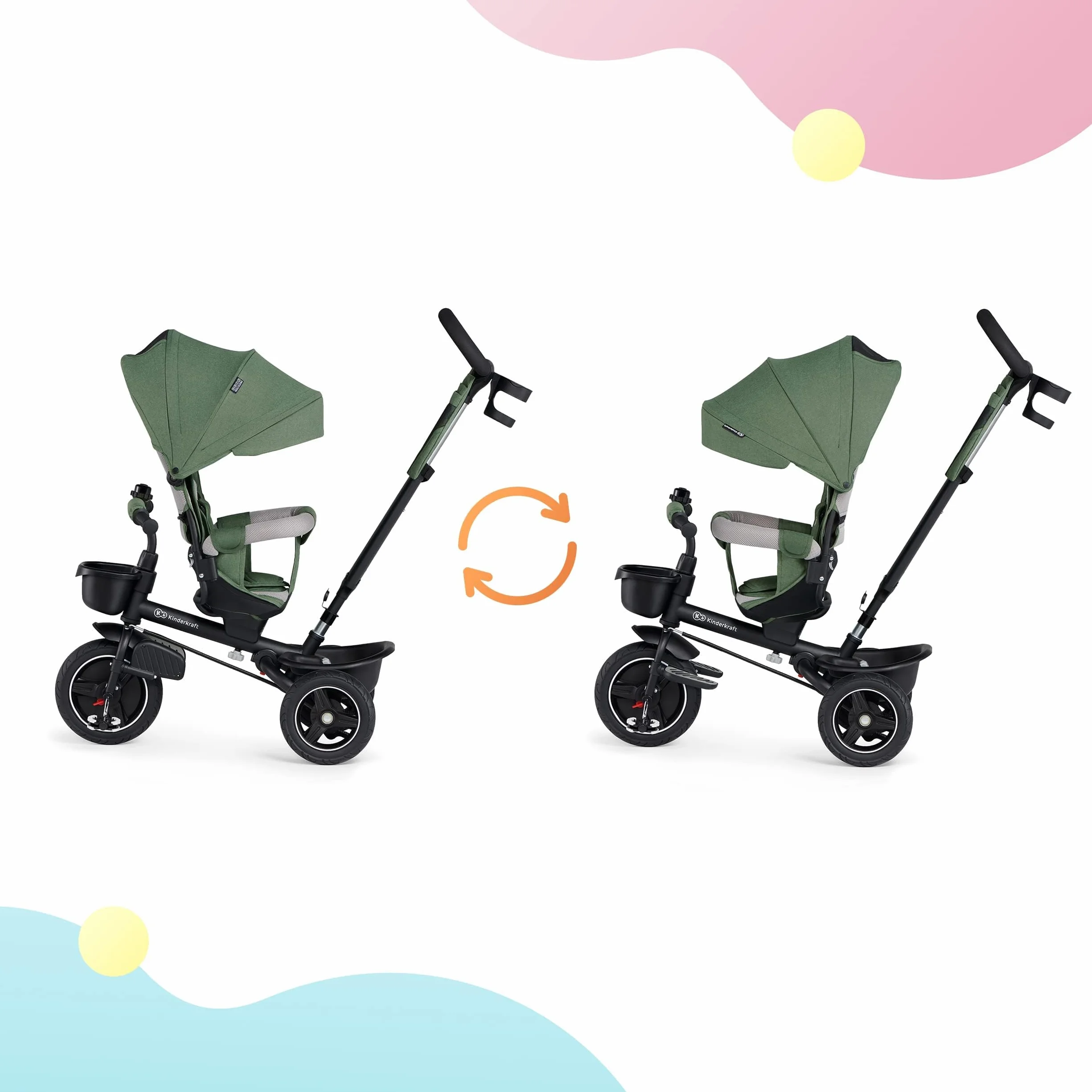 Kinderkraft SPINSTEP Triciclo Evolutivo Bebé 5 en 1 de 9 Meses a 5 Años, Bicicleta para niños, Plegable y reclinable, Capota Impermeable con Filtro UPF 50+, Asiento Giratorio 360 Grados, Verde