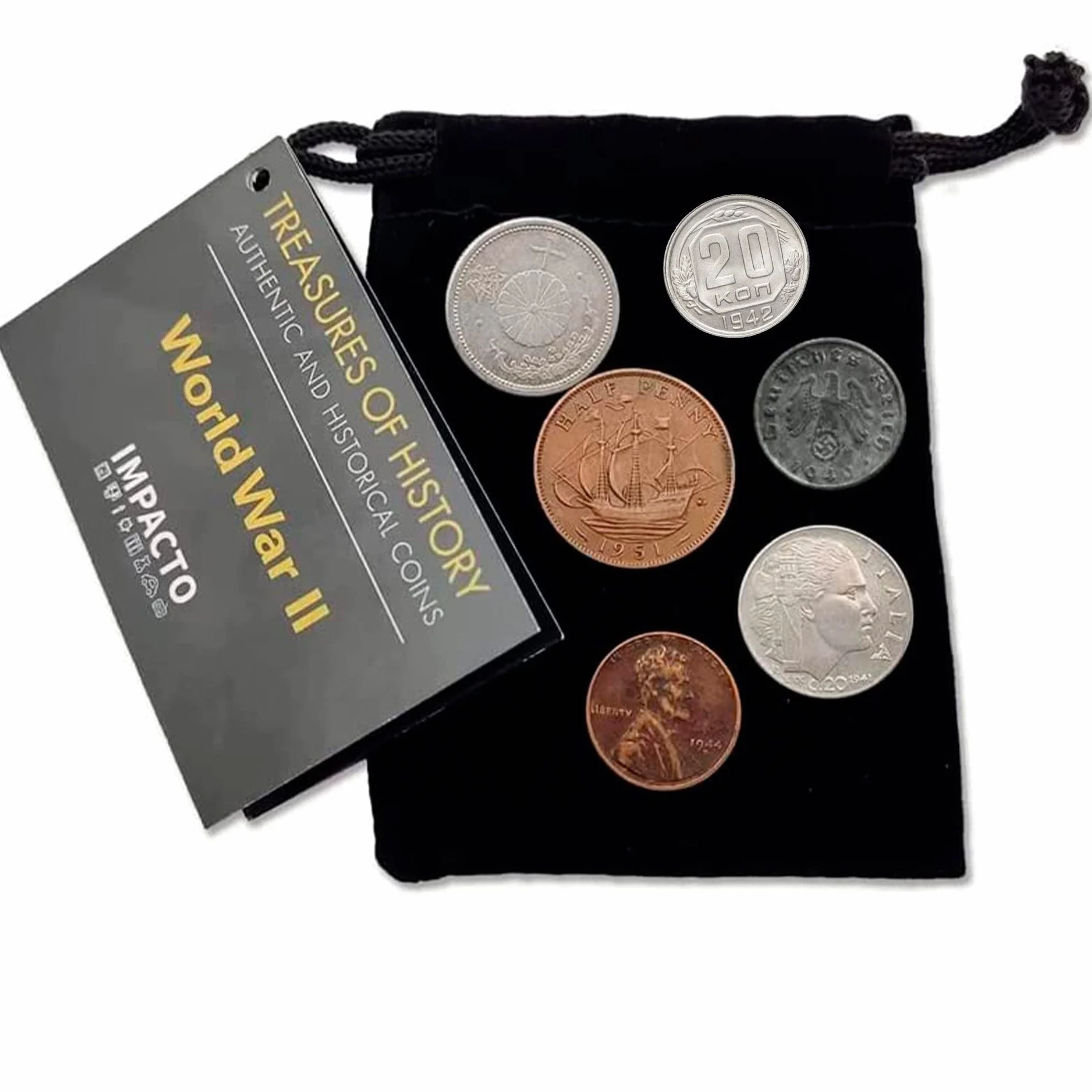 IMPACTO COLECCIONABLES | Aliados y Eje Colección de 6 Monedas Auténticas de la Segunda Guerra Mundial – Lote Históricos Original en Bolsa de Terciopelo con Certificado de Autenticidad