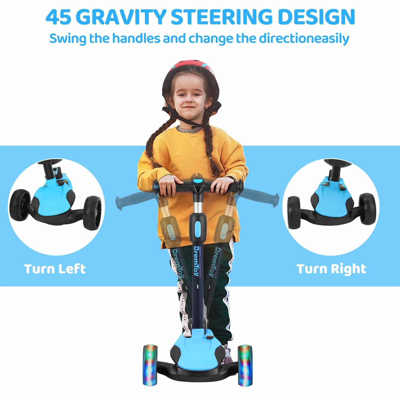 BremToy Patinete para Niños de 1 a 12 Años, Ajuste de Altura Infinito, Patinete con Asiento Extraíble, 3 Ruedas Brillantes LED, Carga Máxima 50KG, Regalos para Niños