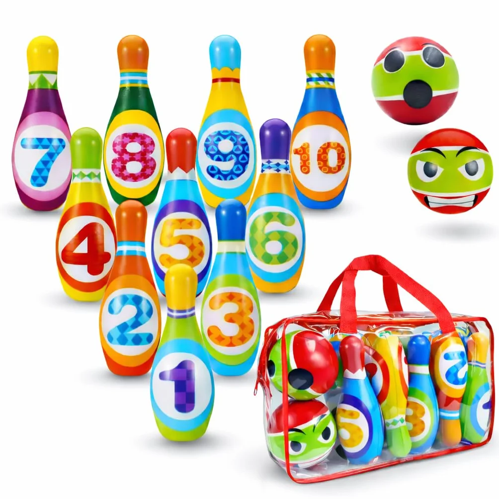 Juego de BOLOS INFANTILES - Juguetes niños 2 años a 4. BLANDO Y SEGURO. 10 Bolos de Gomaespuma de 14cm + 2 Bolas | Incluye Bolsa de Transporte. Para interior y exterior | Regalo niño 2 años a 4 |