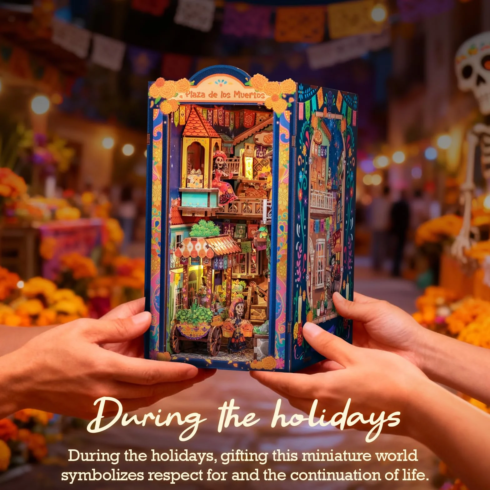 Cutefun Book Nook Kit para Día de Muertos - Kit de casa de muñecas en Miniatura - Kit de construcción de Modelo de decoración de estantería con luz LED, Rompecabezas de Madera 3D, Regalo Decorativo