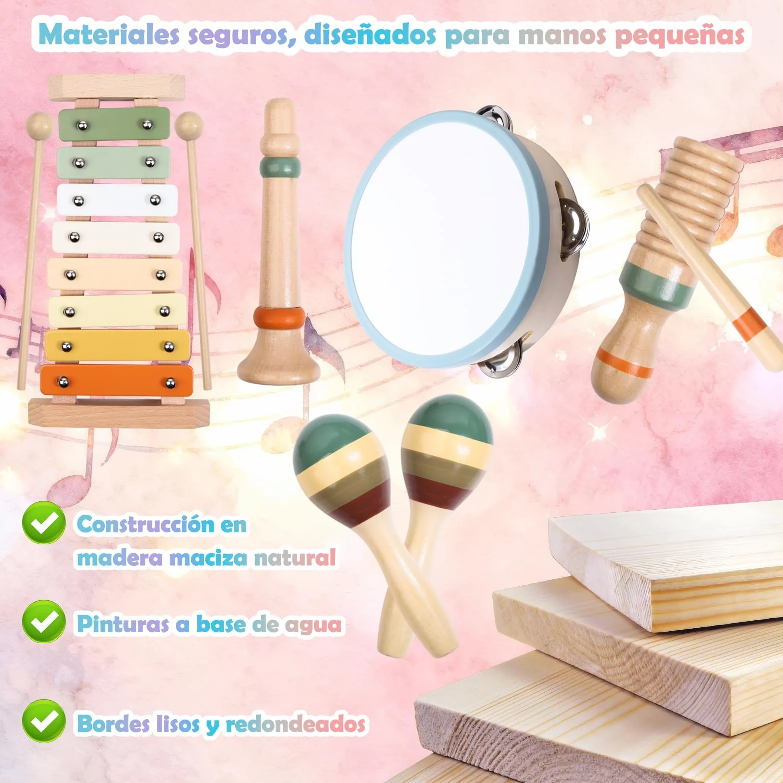 Instrumentos Musicales de Madera para Niños de 3 4 5 Años, Set Montessori de 12 Piezas con Xilófono, Pandereta, Maracas, Triángulo y Güiro, Percusión Infantil