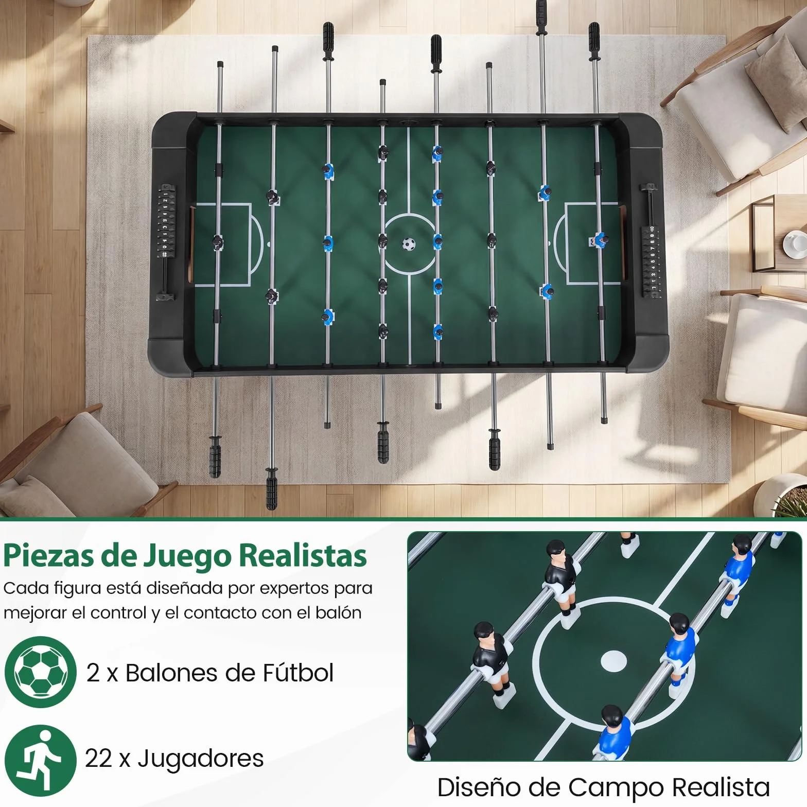 COSTWAY Mesa de Futbolín, Mesa de Juego de Fútbol con Patas, 22 Jugadores, 2 Pelotas y Marcadores Deslizantes, Set de Fútbol Arcade para Niños y Adultos, Salas de Juegos