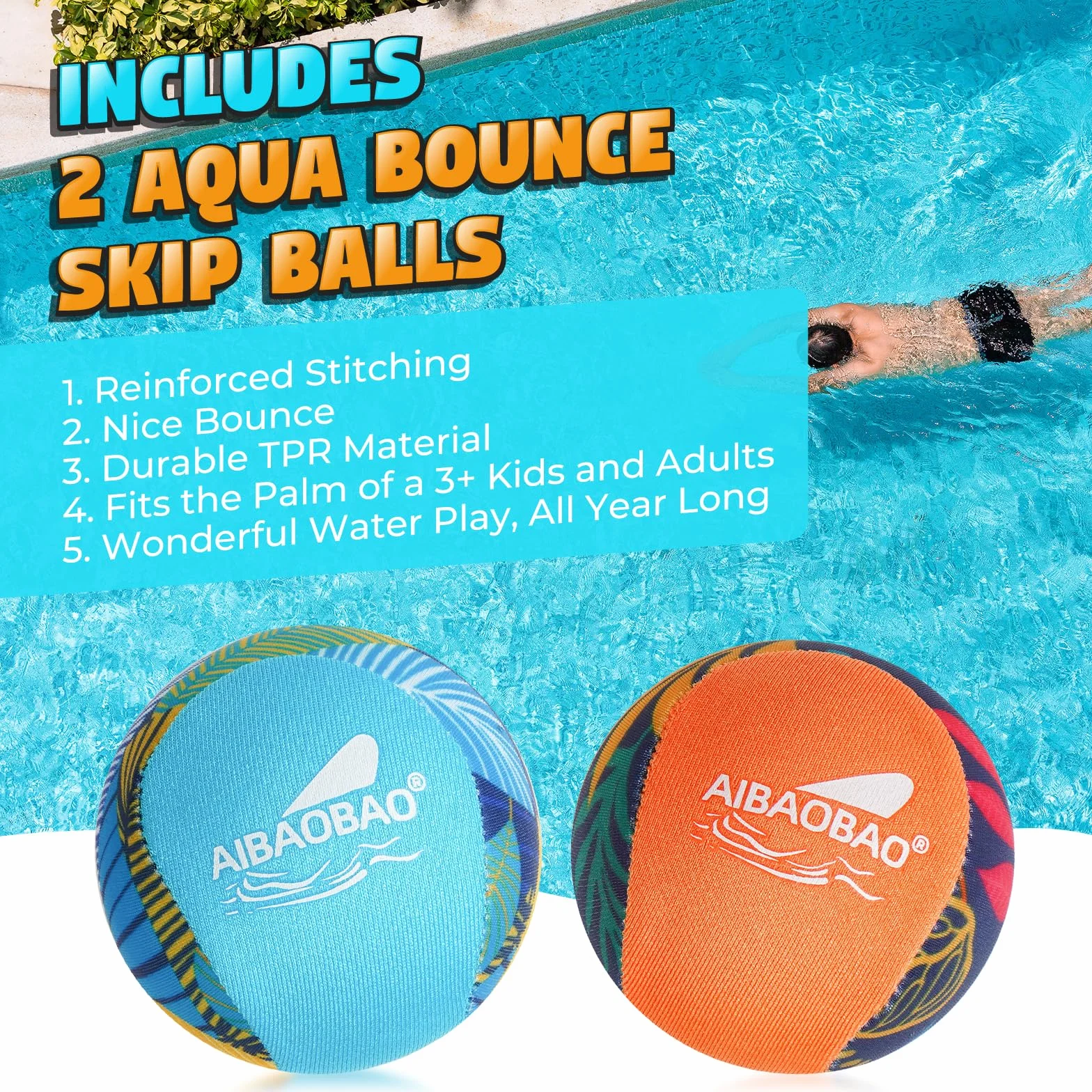 Pelota Agua 2 Pcs Bola de Rebote de Agua, Pelotas De Agua Reutilizables Water Bouncing Ball Secado Rápido Juegos de Playa Piscina Mar Fiesta y Actividades para Niños Adultos (Naranja + Azul)