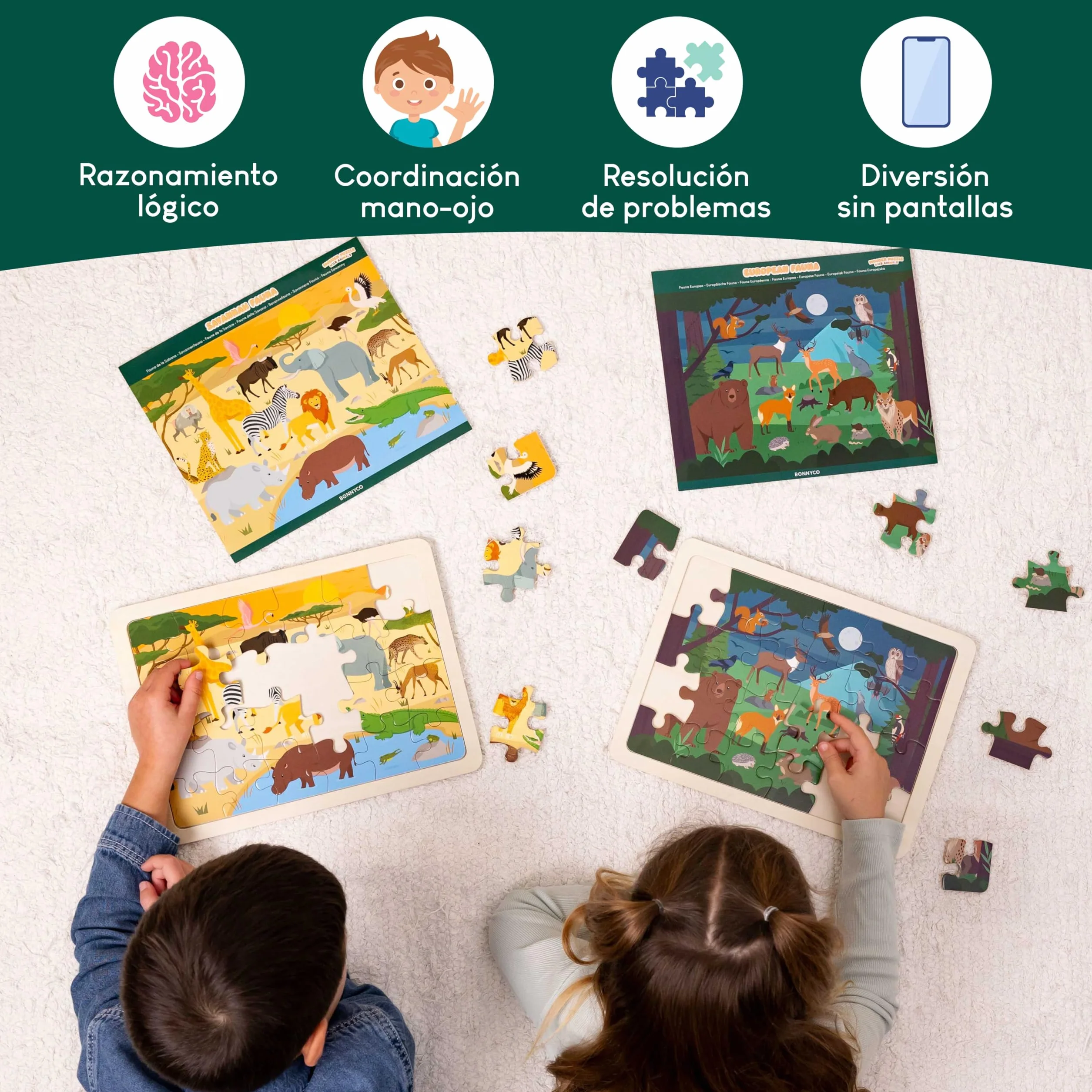 BONNYCO Puzzle Madera para Niños 6 Sets 24 Pcs, Animales Ecosistemas, Juguetes Educativos 3-8 Años