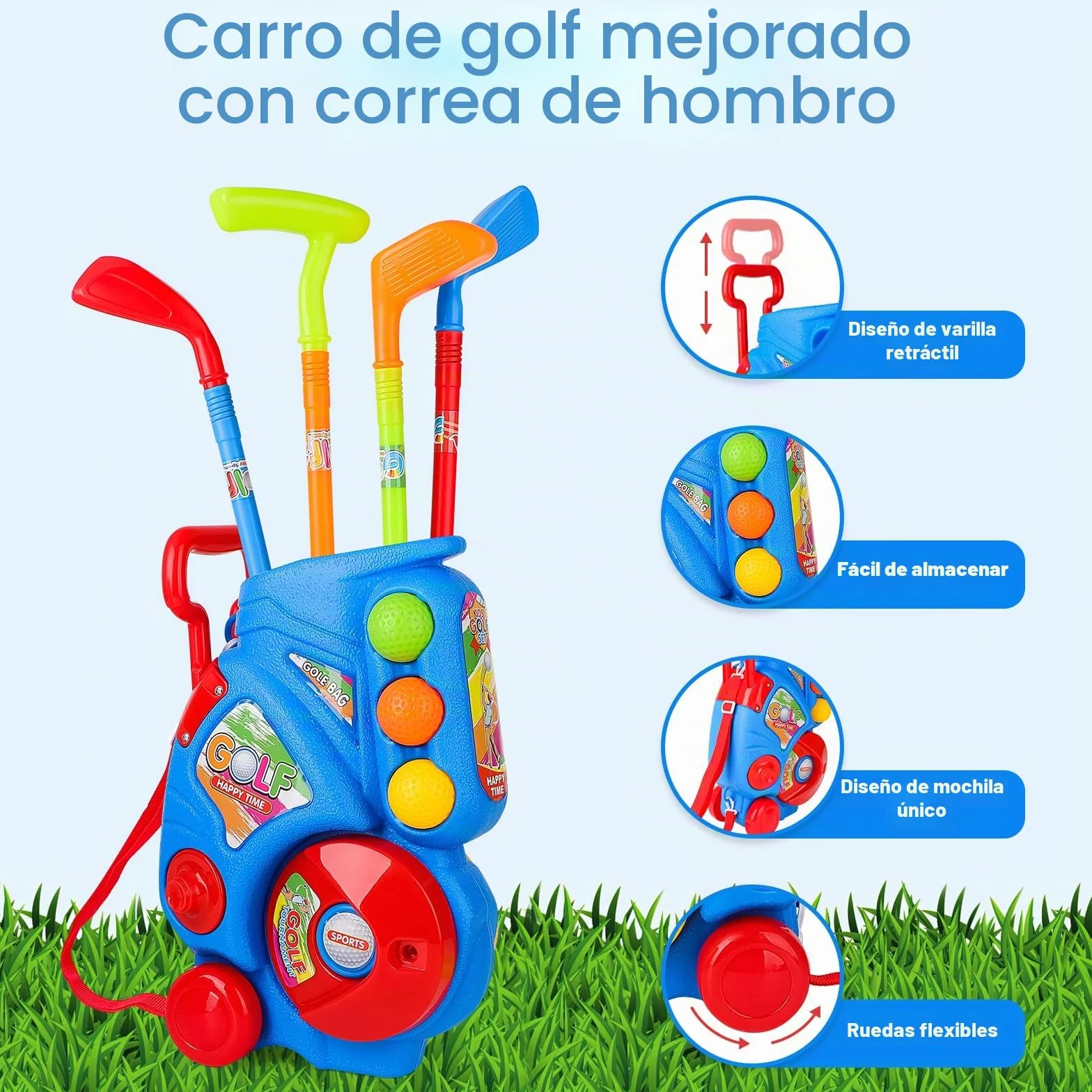 deAO Juego de Golf para Niños con Carrito Almacenamiento, 18 Pcs Golf Set, 4 Palos, 6 Pelotas, 2 Hoyos, Alfombrilla Putting - Juguetes Deportivos Interior Exterior Regalo Niñas Niños 3-6 Años (Azul)