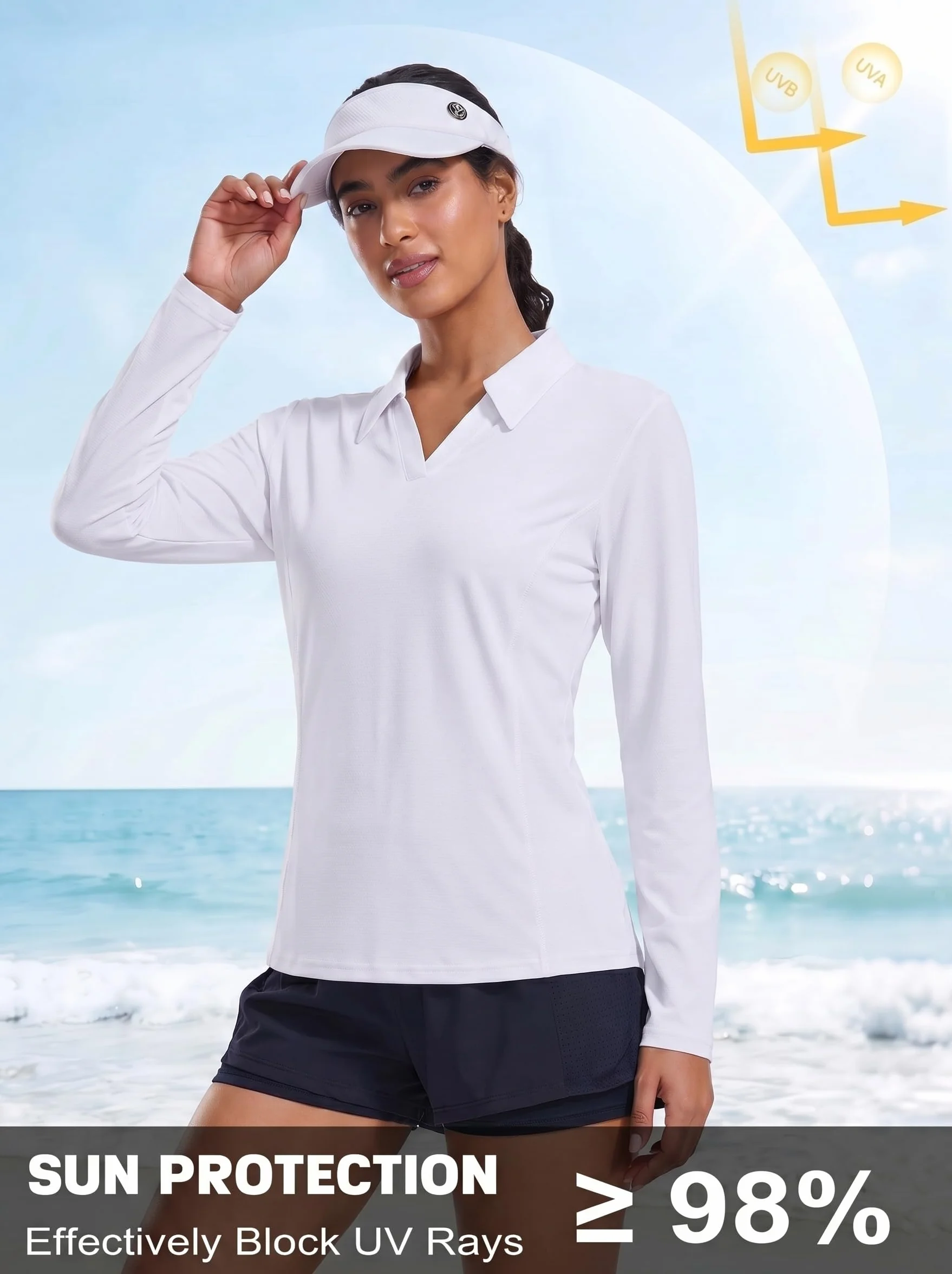 PINSPARK Polo Manga Larga Cuello V Mujer Protección Solar UPF 50 Secado Rápido Transpirable Gimnasio Correr