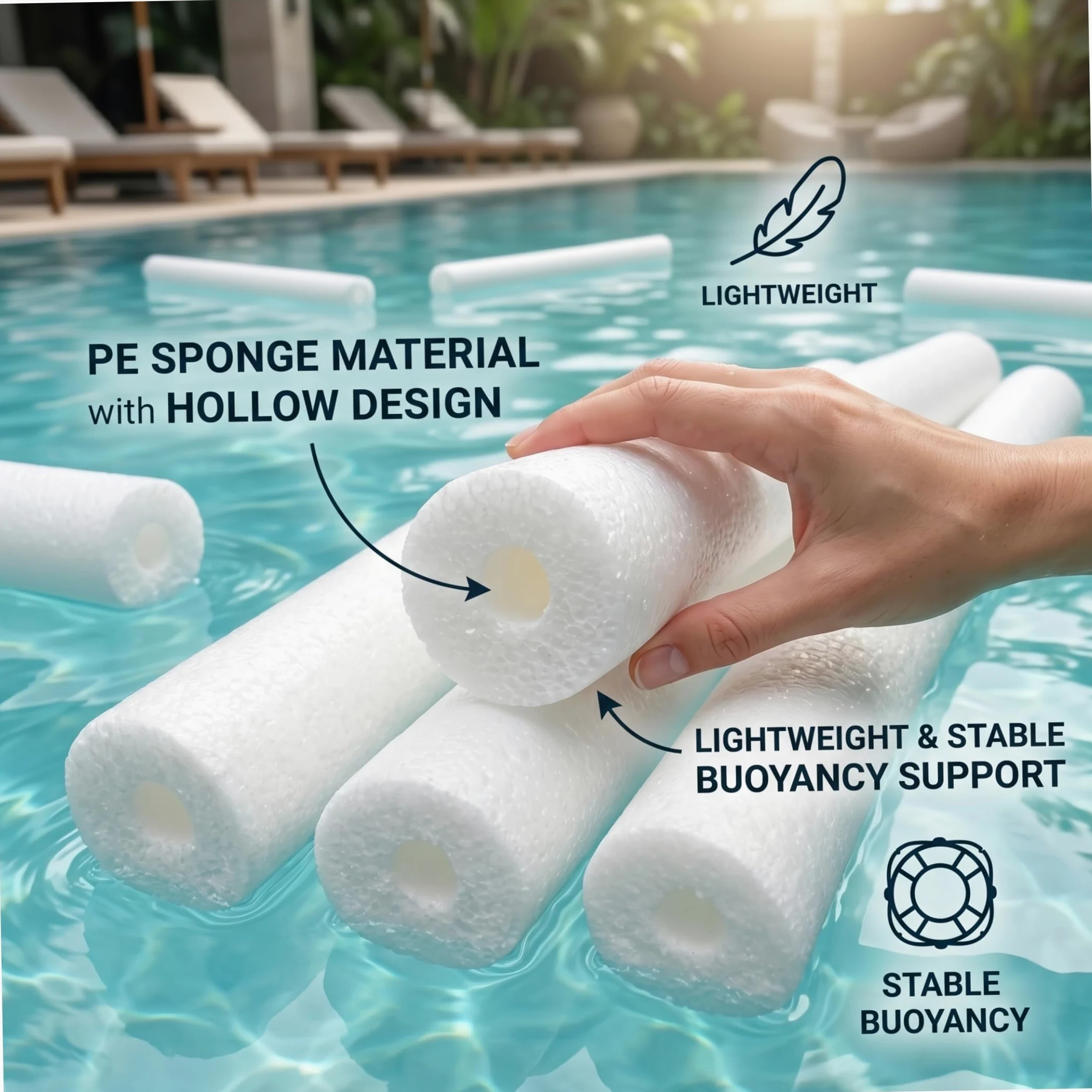 Fideos para Piscina, 6 flotadores de Espuma Hueca de 59 Pulgadas, Antideslizantes para Manualidades en la Playa, Color Blanco