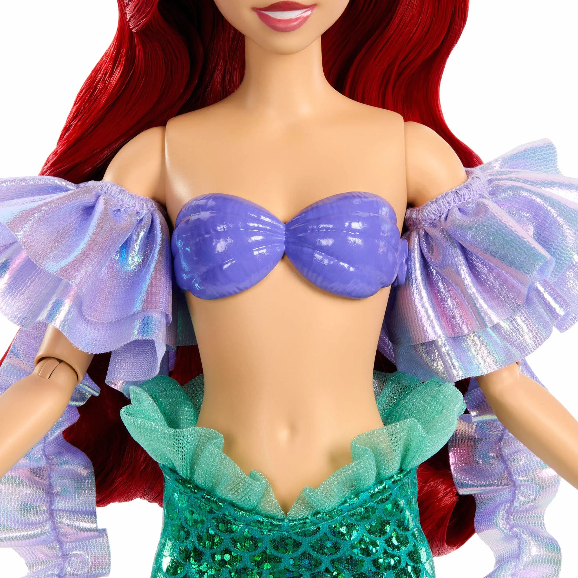 Mattel Disney Princesas Sparkling Princess Ariel Muñeca y Accesorio con Cola extraíble, Mangas y Pasador para el Pelo con Flor, Inspirada en la película, JLK25