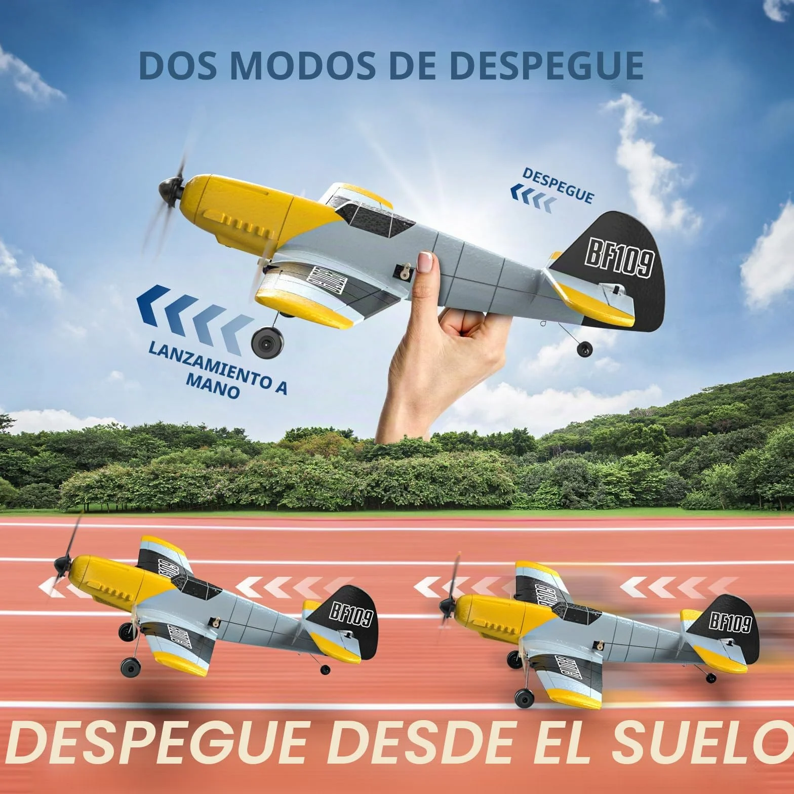 DEERC Avión RC de 3 Canales BF-109 RC Fighter Toy, 2,4 GHz, estabilizador giroscópico de 6 Ejes, Planeador RTF con 2 baterías, Adecuado para Adultos, niños, Principiantes para Volar…