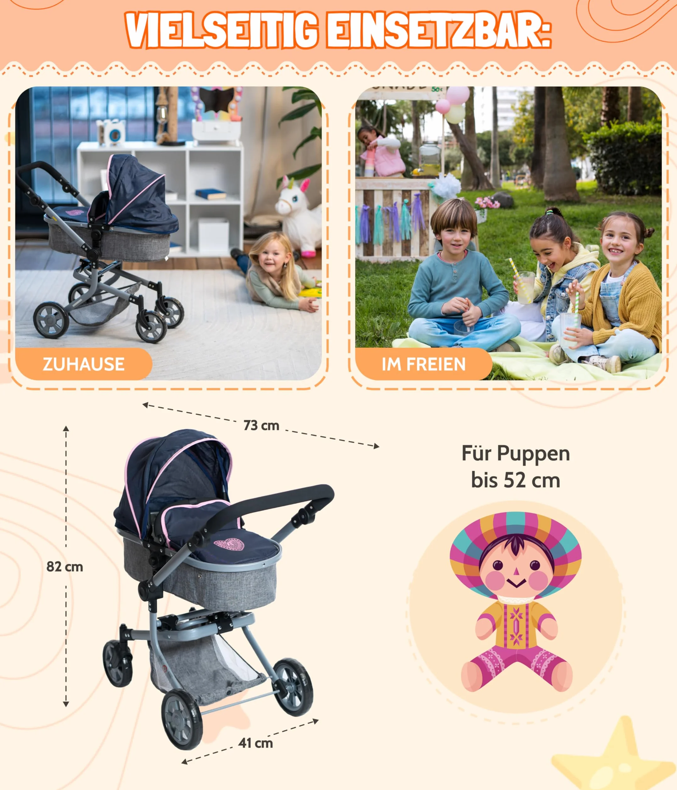 Bayer Chic 2000 Cochecito de muñecas Mika 2 en 1 para muñecas hasta 52 cm Rosa 73x41x82 cm