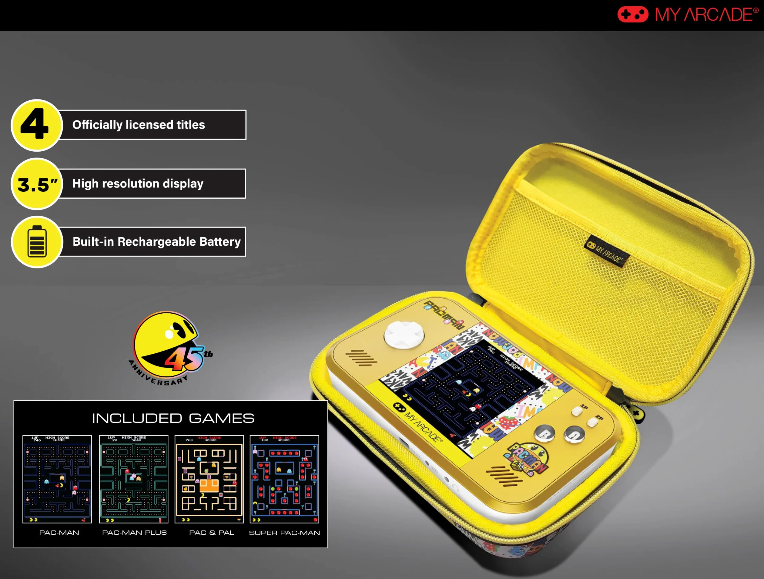 My Arcade Pac-Man Pocket Player Max: Pac-Man 45 Aniversario Consola de juegos retro, batería recargable, 4 juegos clásicos en 1, Arcade Gaming, estuche incluido