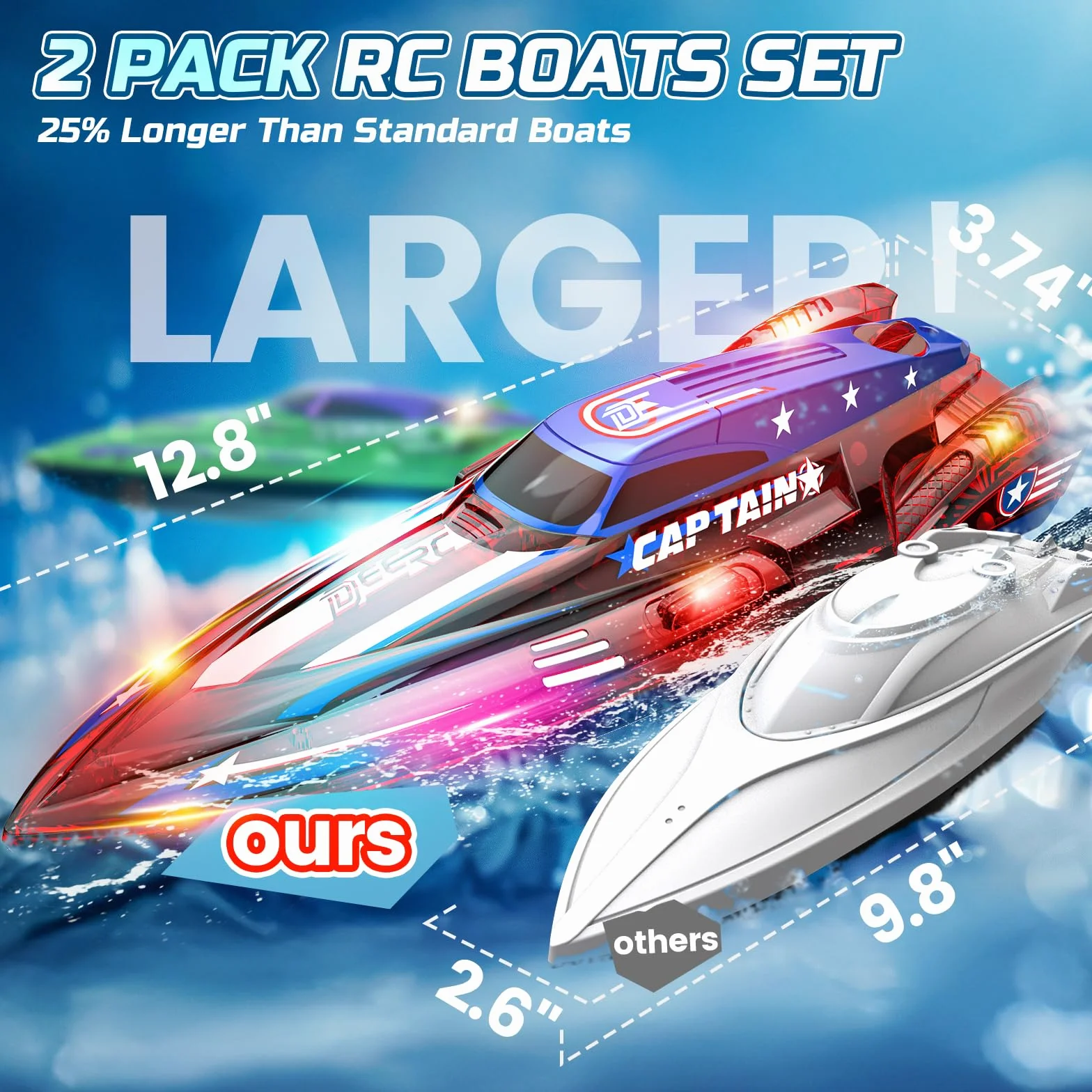 DEERC Juego de 2 Barco Teledirigido de 13 Pulgadas para niños, 4 baterías, 2.4GHz Barcos Teledirigidos con Luces LED y Alarma de Batería Baja, Barcos RC para niños de 8 a 12 años