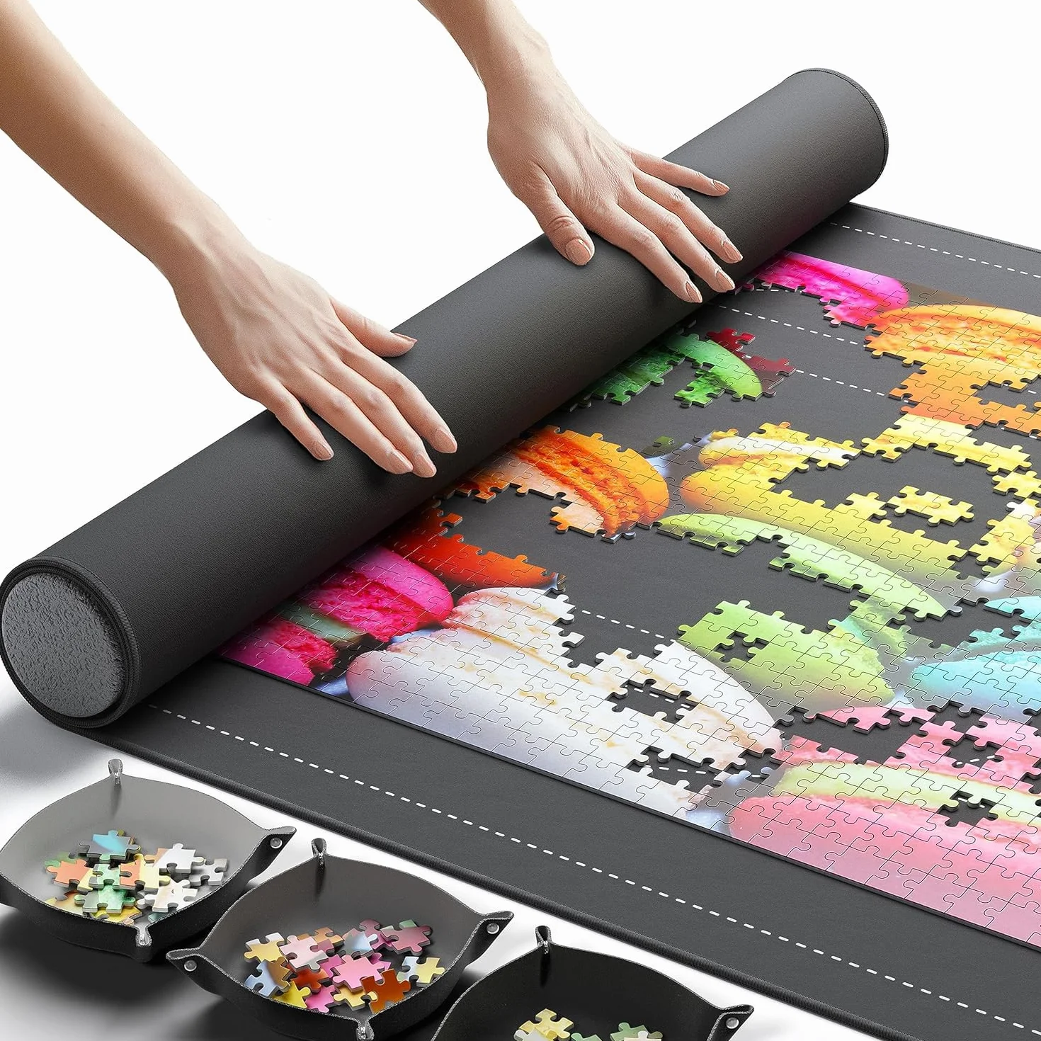 Newverest Tapete para Puzzles Enrollable Original 117 x 66 cm, Guardapuzzles Portátil hasta 1500 Piezas con Base De Goma Antideslizante, Superficie Suave, 3 Bandejas para Puzzles Y Bolsa De Viaje