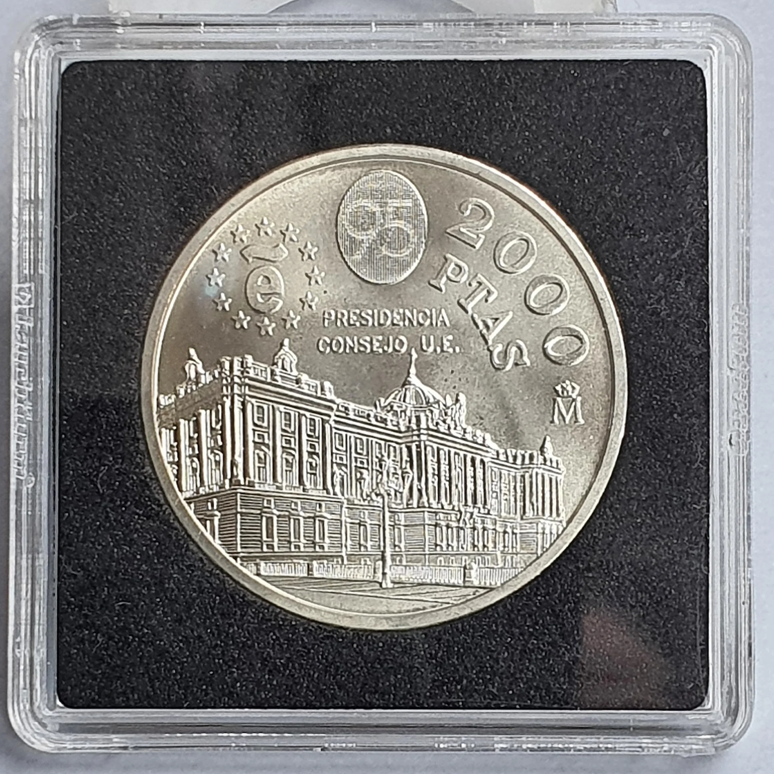 Genérico ESPAÑA Moneda Original 2000 PESETAS EN Plata 925 1995 PRESIDENCIA Consejo Europa Incluye Cápsula QUADRUM Apto para Mayores de 6 Años