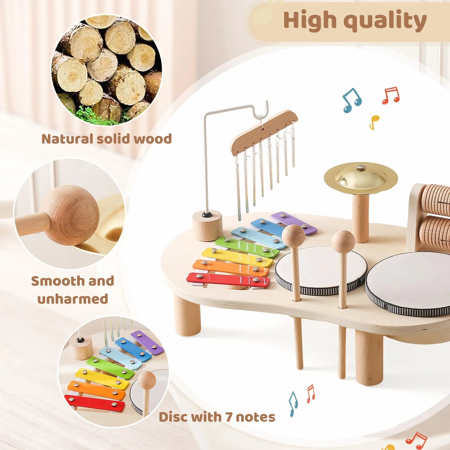Juego De Tambores para Bebés 7 En 1, Juguetes Musicales De Piano De Madera, Instrumento Montessori Infantil, Instrumento De Percusión Educativa, Regalo De Cumpleaños para Niños Y Niñas, A