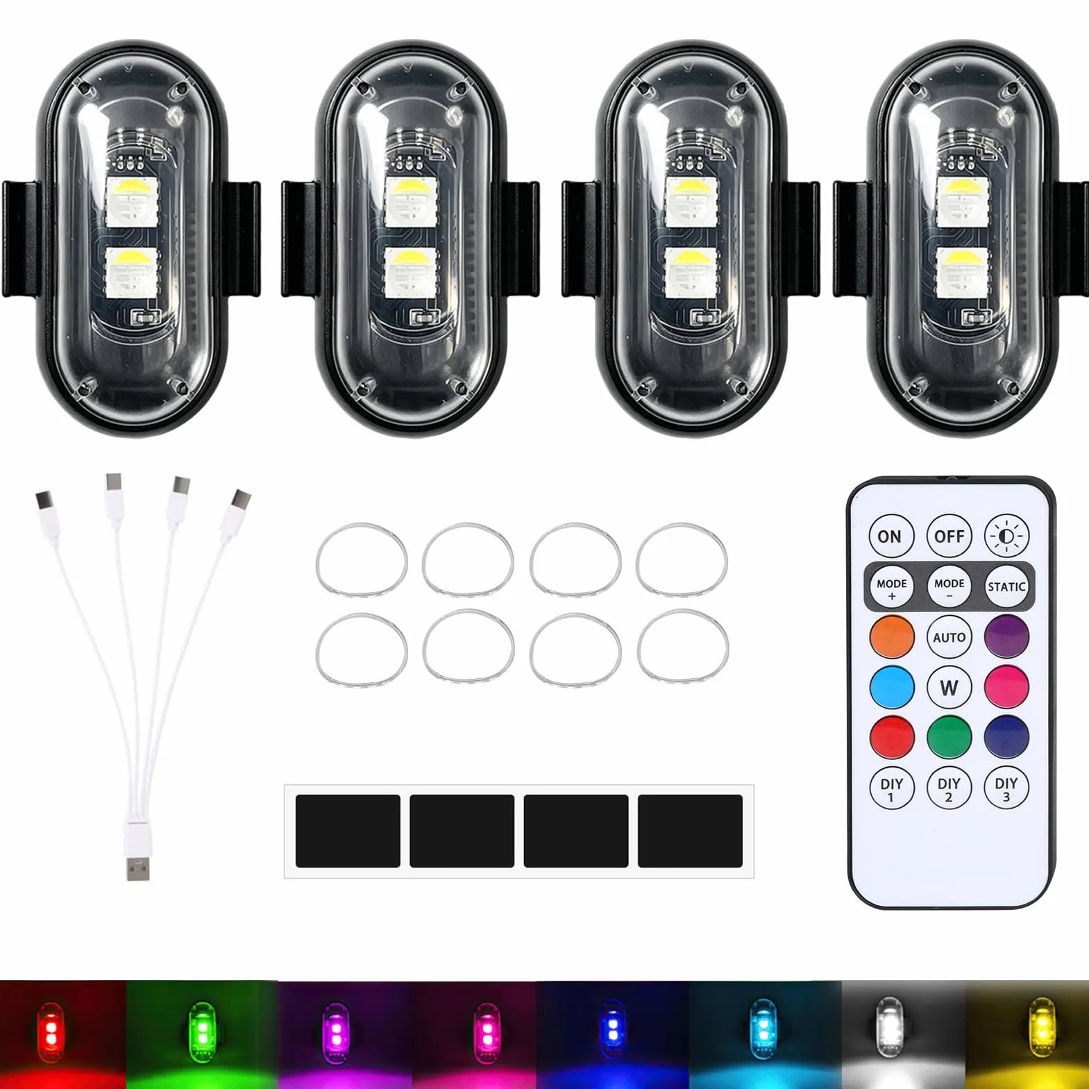 4 Pièces Luces Estroboscópicas LED Inalámbricas para Dron Coche Moto, LED Estroboscópico Luz Interior Coche con Mando a Distancia, 8 Colores y Modos de Flash, Carga USB Impermeable Anticolisión