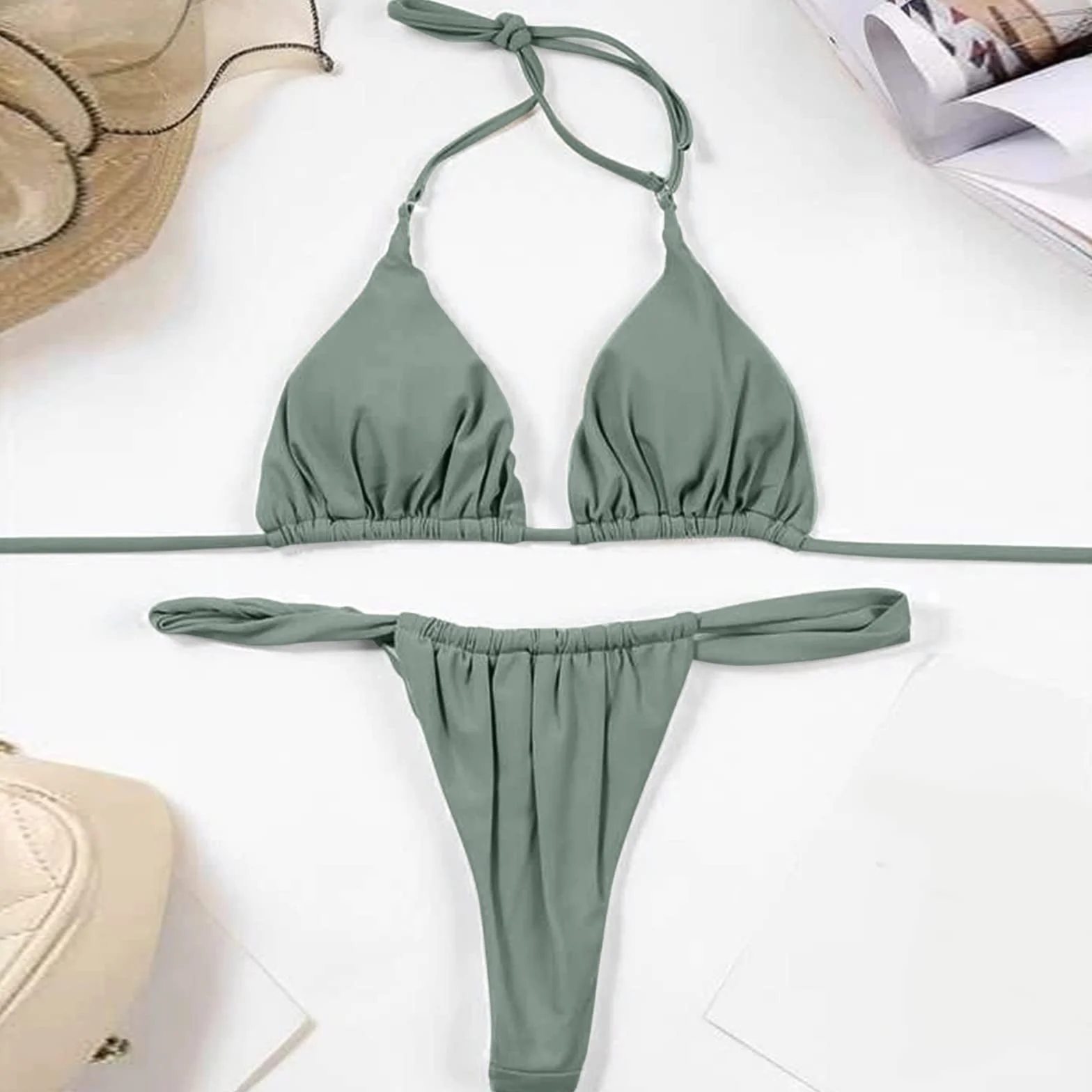 riou Conjuntos de Bikinis Push Up Sexy Brasileño Bañador Halter Baño Natación Deportivos Cuello V Relleno Tanga Dos Piezas Original Surf