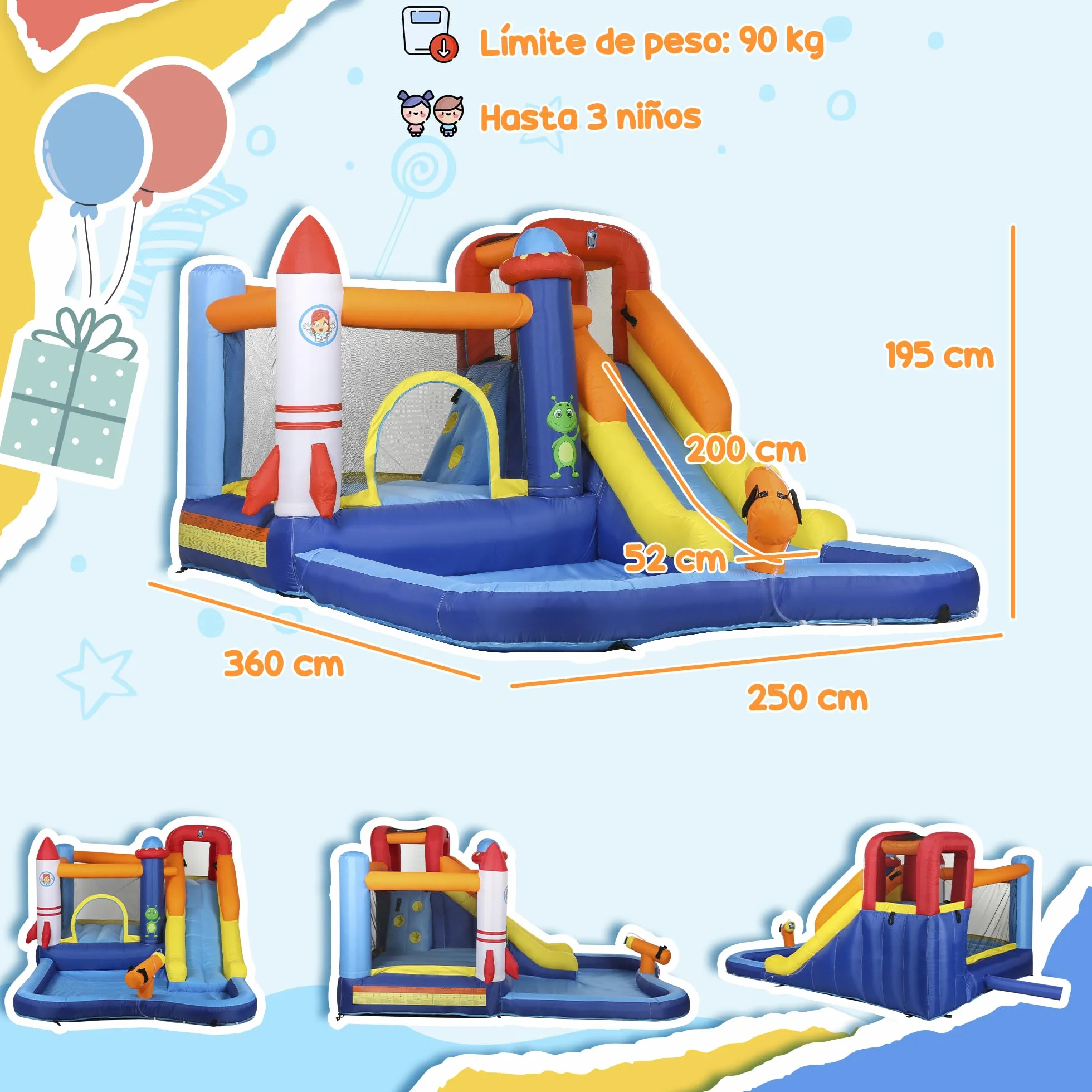 AIYAPLAY Castillo Hinchable con Soplador 5 en 1 Parque Acuático Hinchable para Niños con Tobogán Piscina de Chapoteo Escalada y Cañón de Agua para Exterior Interior 360x250x195 cm