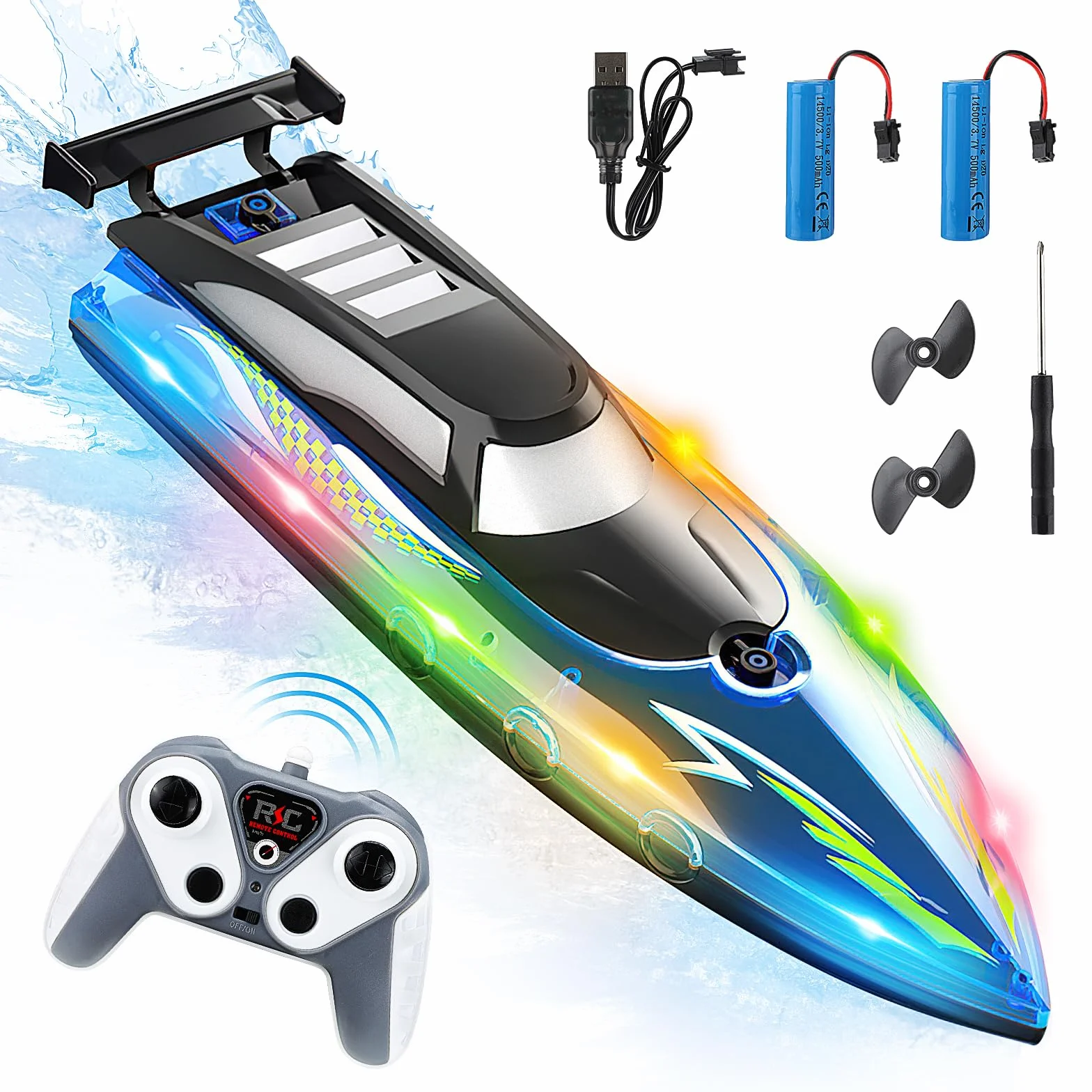 Barco de Control Remoto, 2.4 GHz Barco eléctrico Impermeable de Alta Velocidad con 2 baterías Recargables y luz LED Barcos eléctrico inalámbrico Ship de Carreras para niños Adultos (Blue)