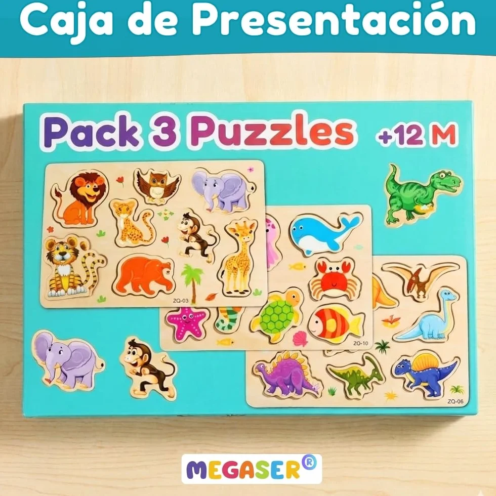 Puzzle Madera Niños 1 2 3 años 24 Animales Coloridos Set 3 Puzzles