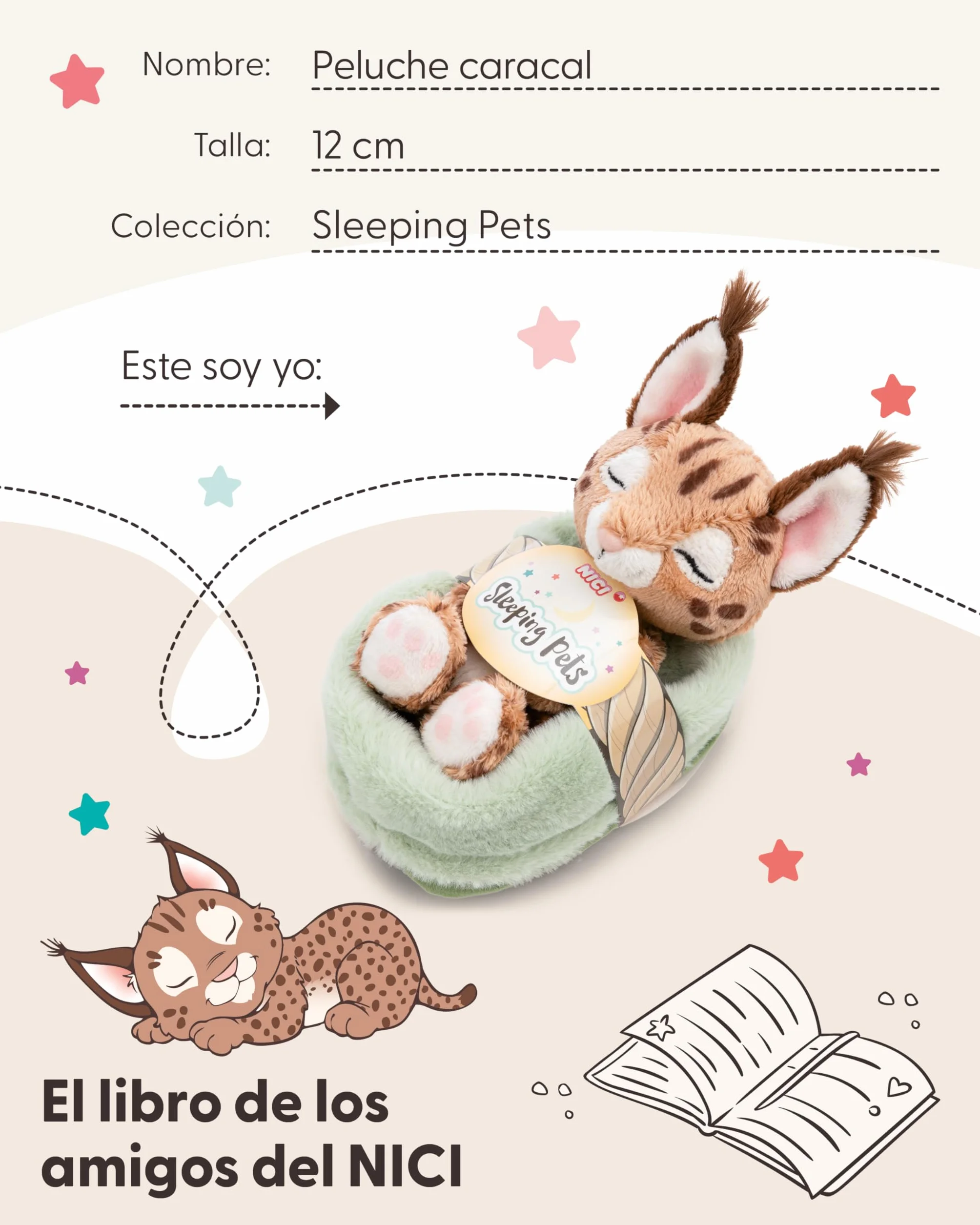 NICI Peluche caracal 12 cm durmiendo en una cestita, marrón, Peluches Decorativos, Juegos para niños, Ideas para Regalar - 62874