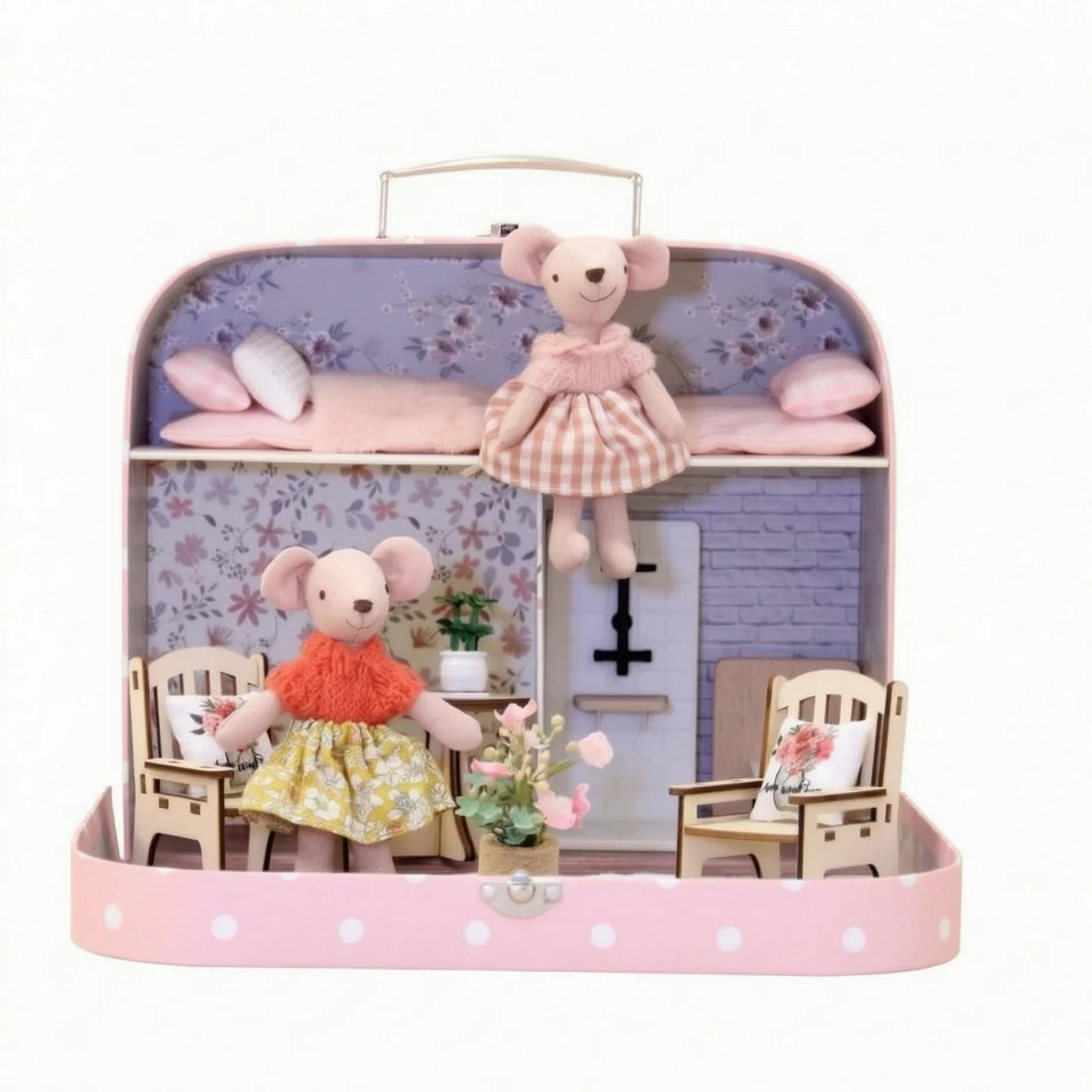 Perfeclan Casa de Muñecas Portátil Maletín Juego Set con Dos Niveles y Escena de Hogar con Flores Incluye Figuras y Muebles Materiales Madera y Tela Adecuada