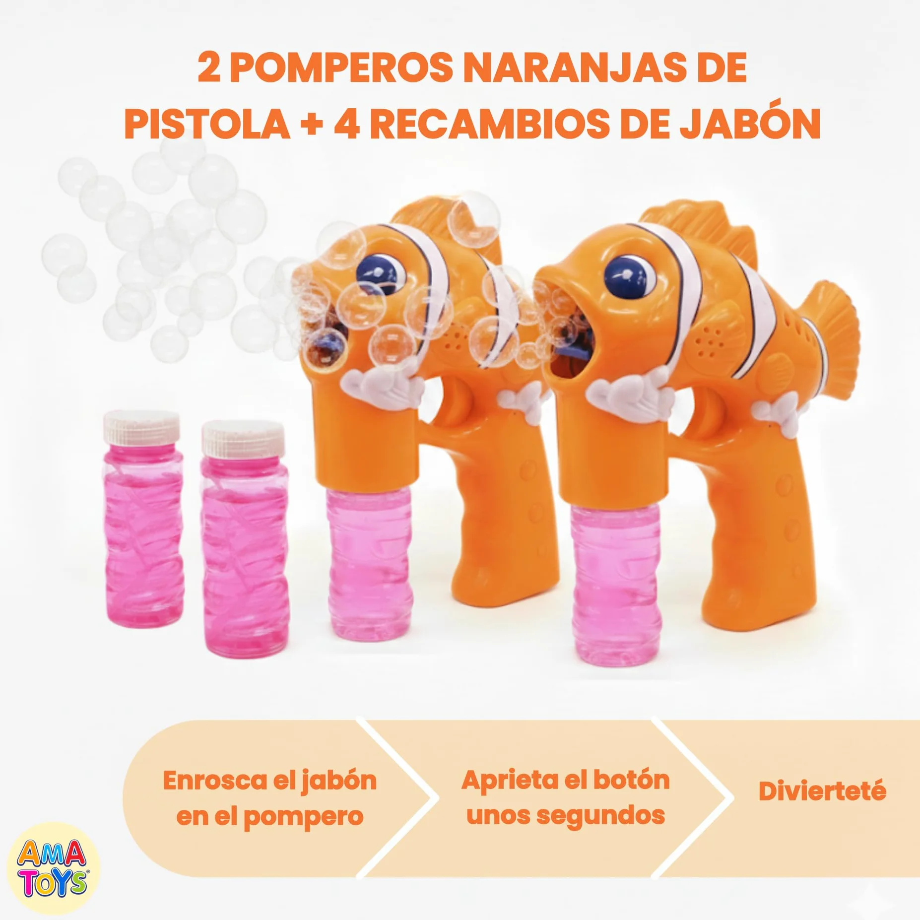 Pistola de Burbujas - Set de 3 - AMATOYS - Máquina de Pompas Automática con Luces - Forma de Animales - Pomperos para Niños y Niñas - Juguete para Piscina y Verano (PEZ_Naranja)