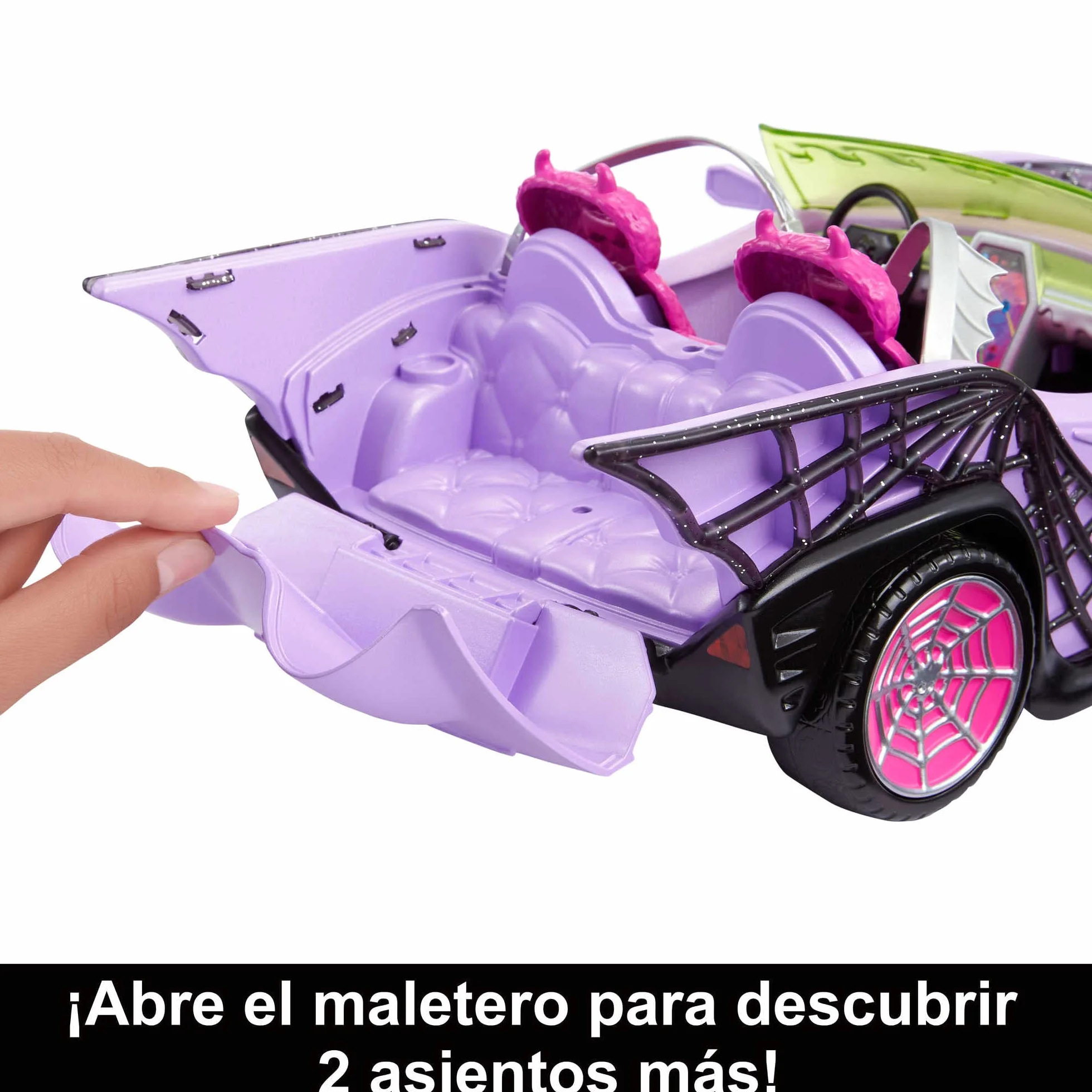 Monster High Coche de juguete, móvil Ghoul con accesorios para mascotas y refrigeradores, convertible morado con detalles de telaraña, HHK63