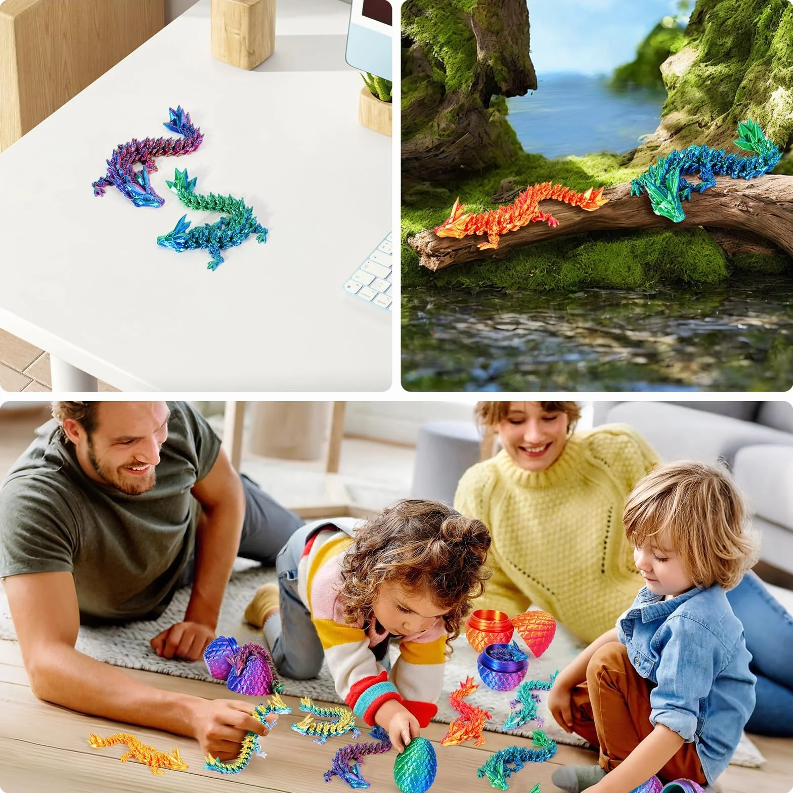 Set de 4 Huevos de dragón Impresos en 3D con Dragones articulados en su Interior Juguete Fidget de dragón para niños y Adultos Decoración para casa Oficina Regalo para Pascua Navidad cumpleaños