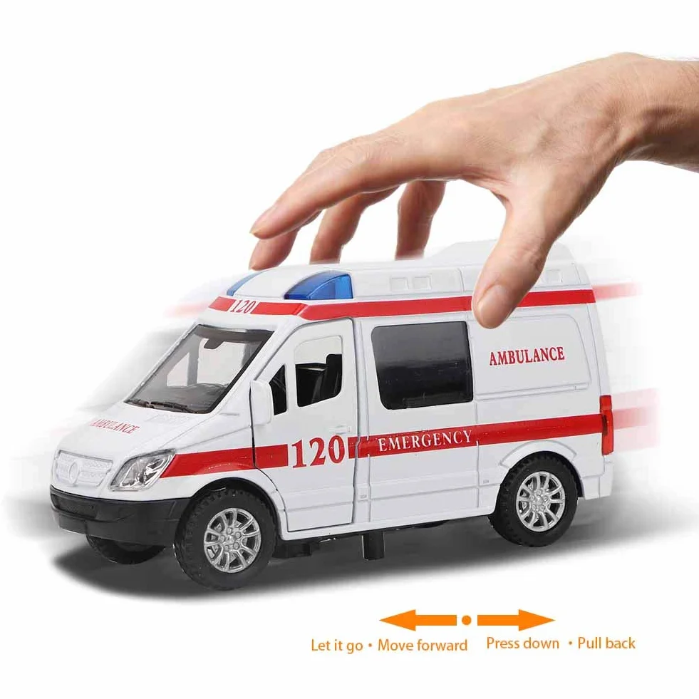 Tnfeeon Coche de Juguete de Ambulancia de Aleación a Escala 1:32, Efectos de Sonido de Luz Interactivos Mejoran Las Habilidades de Coordinación, Construcción Robusta con Bordes Lisos, Ideal para el