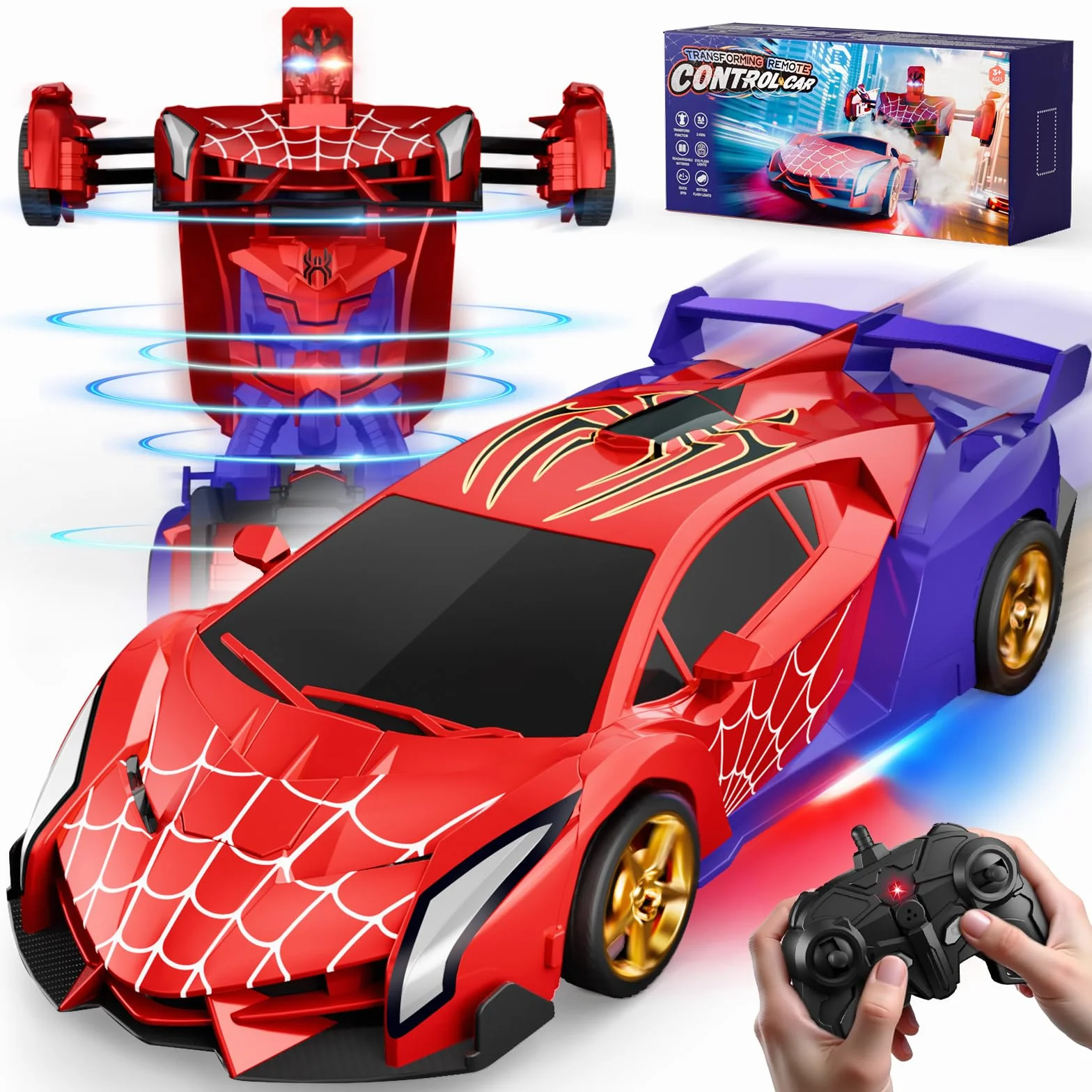 Coche Teledirigido Transform, Ojos Intermitentes & Luces Chasis, Coche RC 2,4GHz & Robot Rotación 360°, Juguetes Juegos para Niño Niños de 3 4 5 6 7 8 9 10 11 12 Años Regalo Cumpleaños Pascua