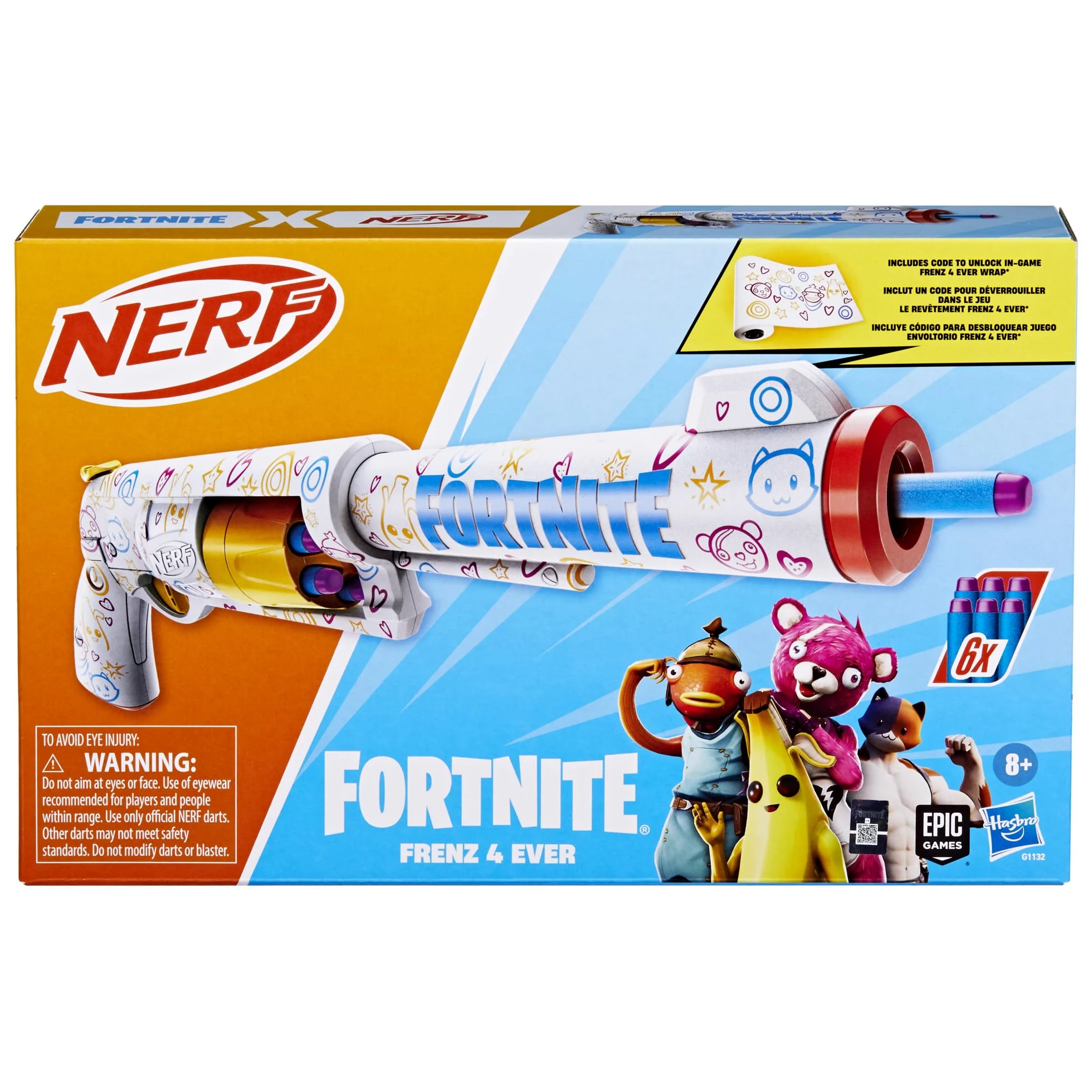 Nerf Fortnite Frenz 4 Ever Blaster, código de bonificación para desbloquear Frenz 4 Ever Wrap en el Juego, 6 Dardos Elite, Tambor de 6 Dardos, Regalos de Fortnite