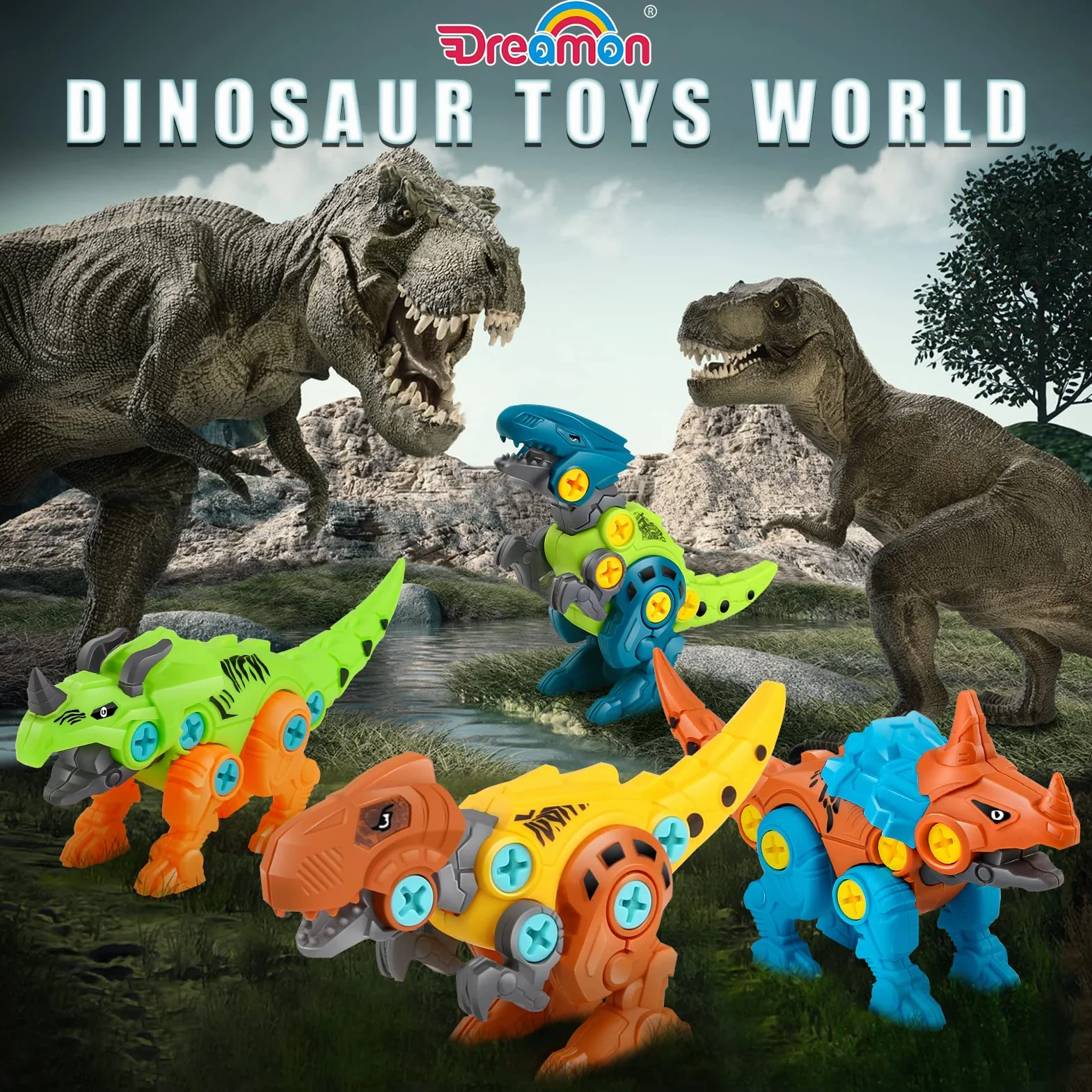 Dreamon Dinosaurios Juguetes para Niños 3 4 5 6 7 Años con Caja de Almacenamiento Taladro Eléctrico Construccion Juguete Dducativos Regalos para Niños Niñas
