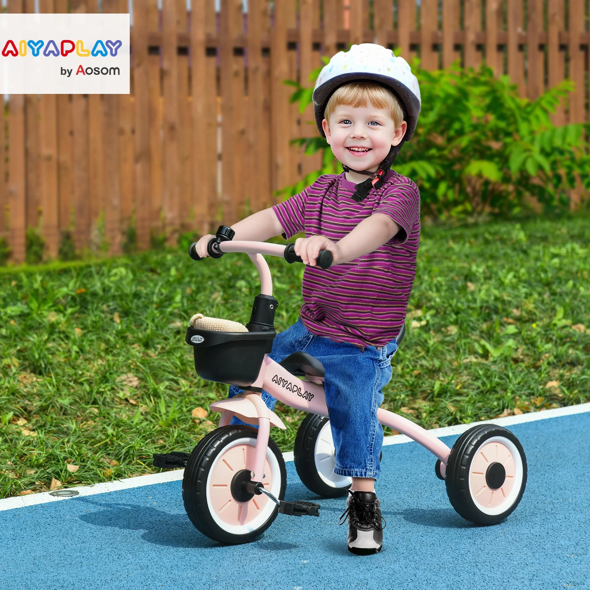 AIYAPLAY Triciclo para Niños de 2 a 5 Años Bicicleta Infantil con Asiento Ajustable Cesta Timbre Pedales y 3 Ruedas Carga 25 kg 70,5x53x58 cm Rosa