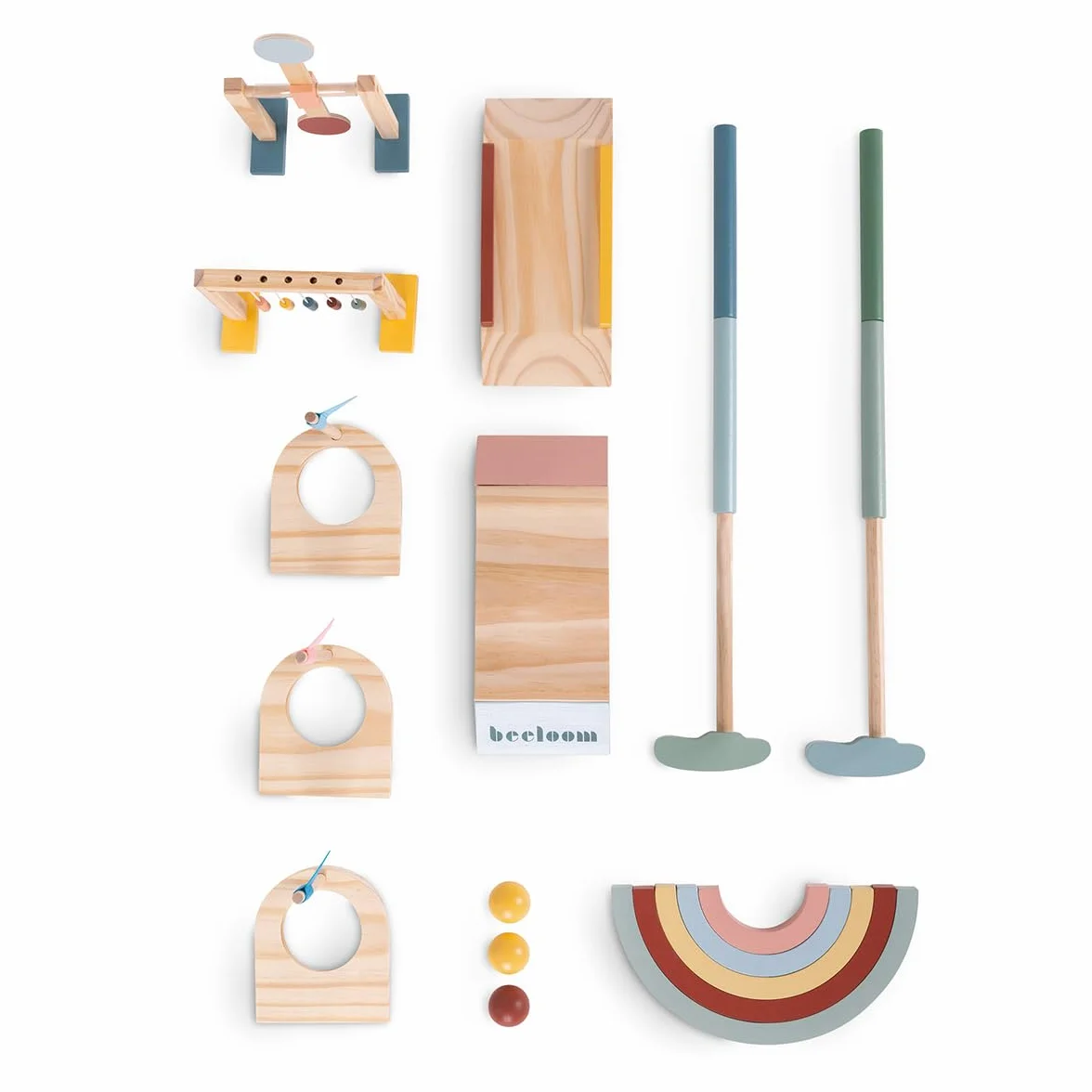 Beeloom – Mini Golf de Madera para Niños, Juego Educativo con Palos, Bolas y Obstáculos, Portátil para Interior y Exterior, Juguete Simbólico Multicolor, +3 Años