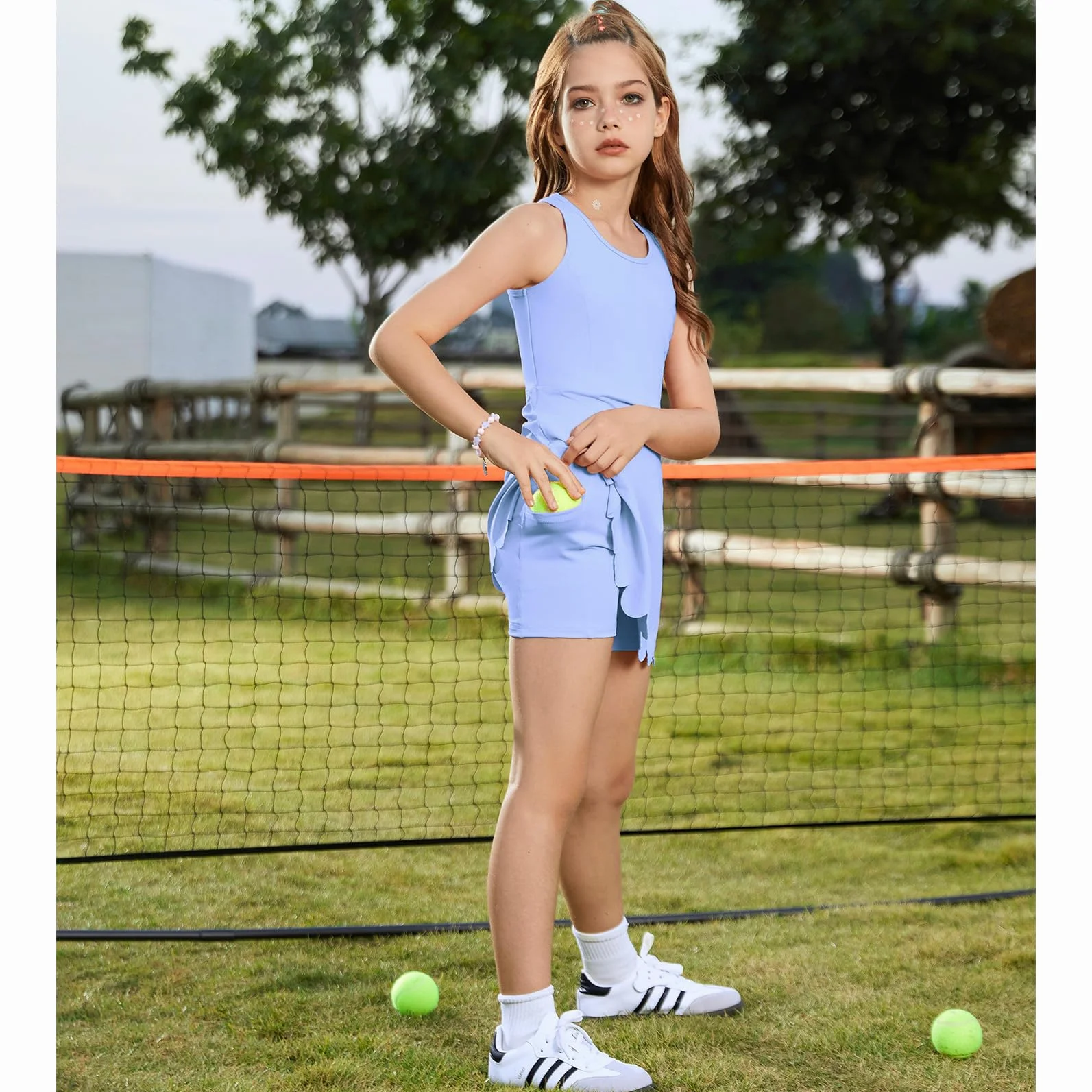 Vestido de tenis sin mangas para niñas con brasier integrado desmontable y bolsillos