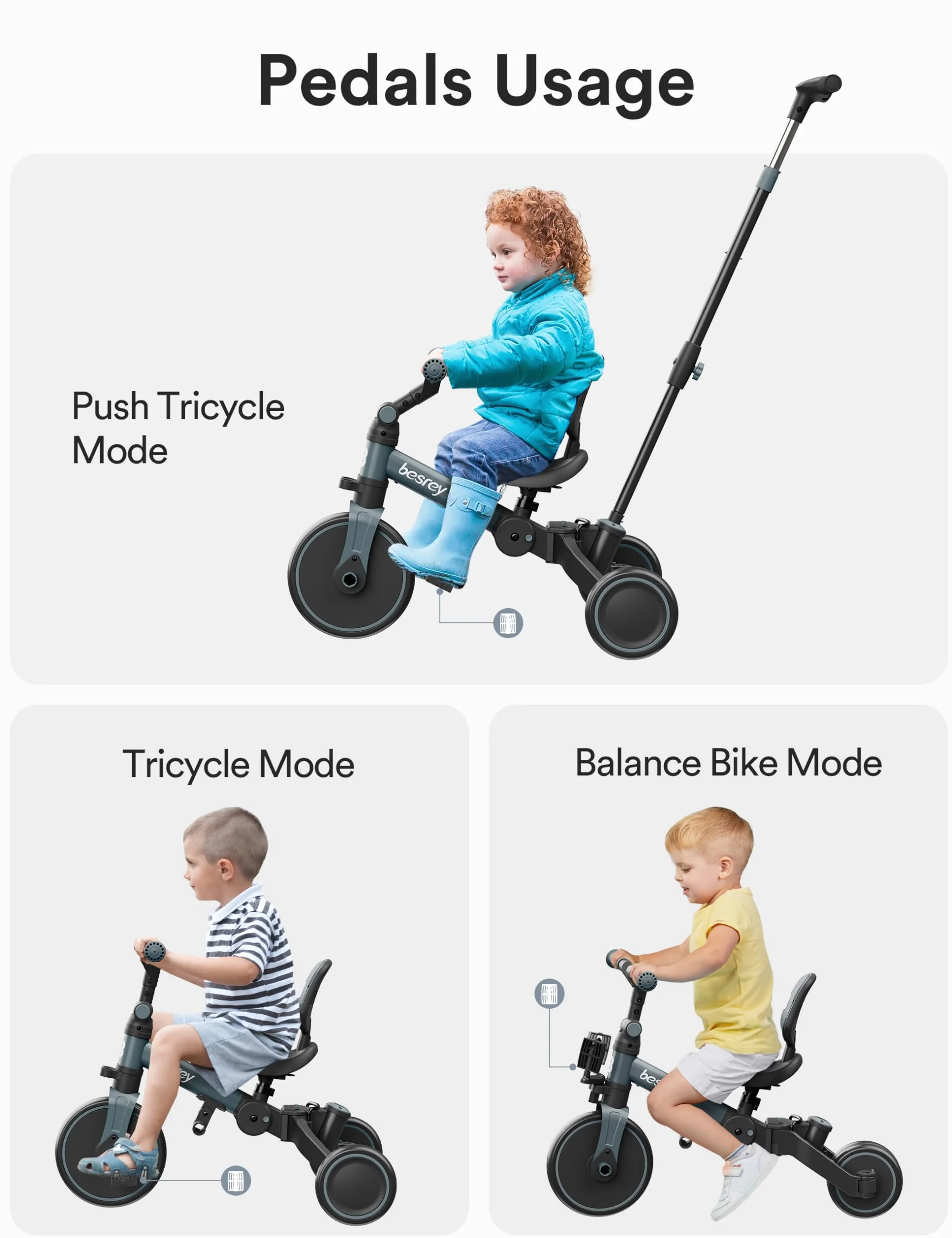 besrey Bicicleta para niños pequeños con manija de Control Parental para niñas y niños de 1 a 3 años, Triciclo para niños, Triciclo para niños pequeños con Pedal extraíble, Asiento Ajustable