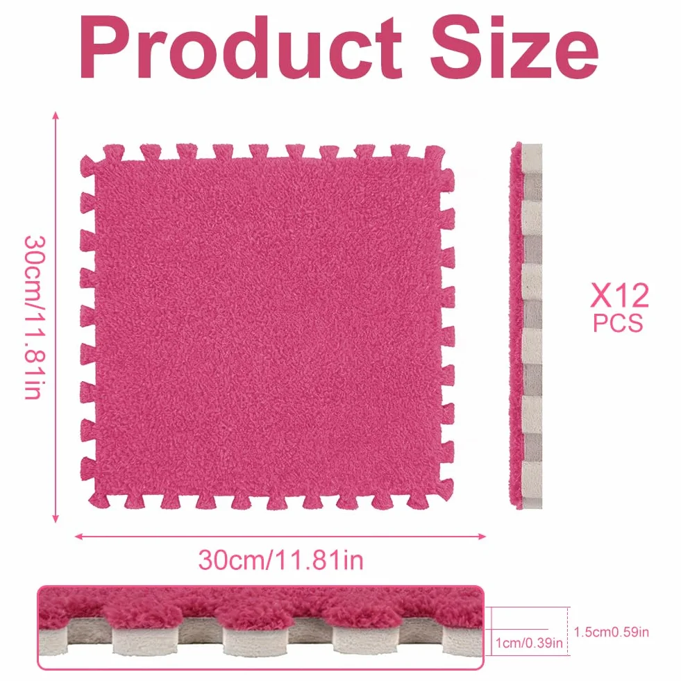 Rosa Puzles de espuma de peluche entrelazados, 12 piezas, 30 x 30 cm, alfombra de espuma para el suelo, suaves losetas para el dormitorio y la sala de estar