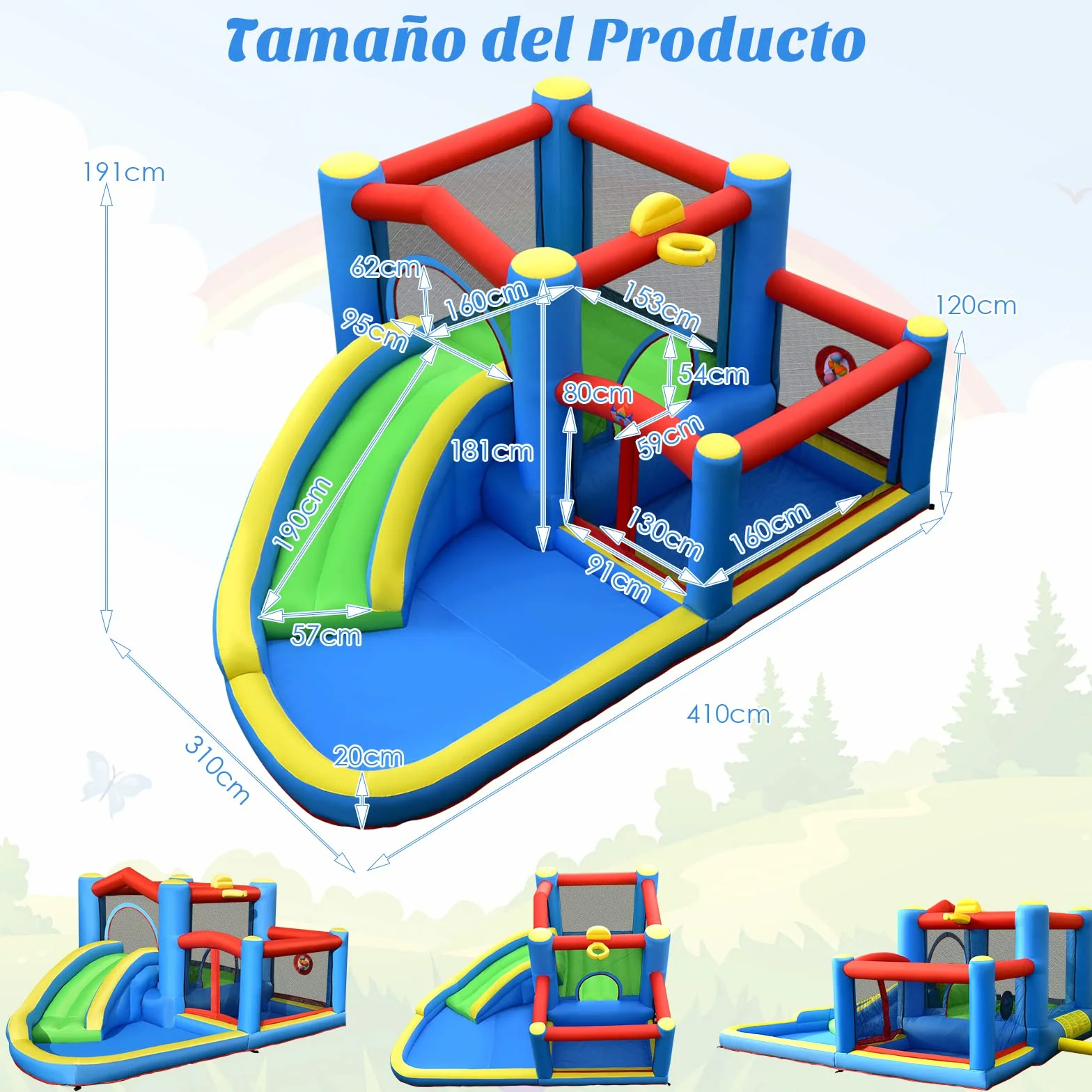 COSTWAY Tobogán Acuático Inflable, Castillo Inflable con Tobogán Mojado Seco para Interior y Exterior, Parque Acuático Portátil para Patio con Pelotas, Pelota de Baloncesto Inflable sin Compresor