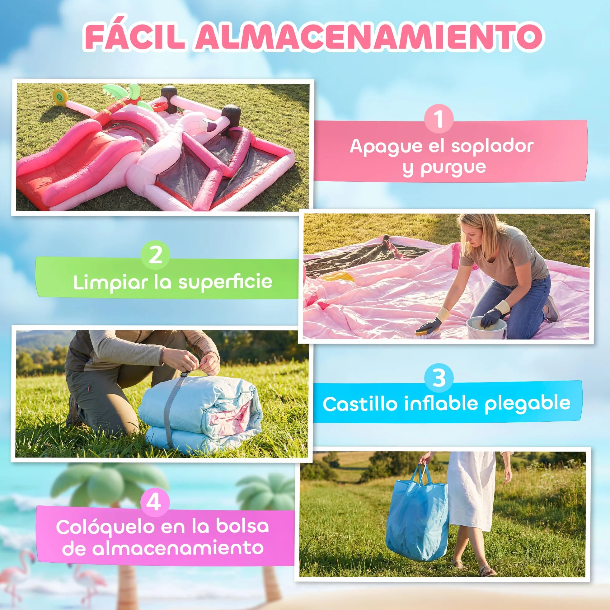 AIYAPLAY Castillo Hinchable para Niños con Soplador, Castillo Hinchable con Tobogán, Cama Elástica, Piscina de Pelotas, Canasta de Baloncesto, Diseño de Flamenco, Interior y Exterior, 255x230x196 cm
