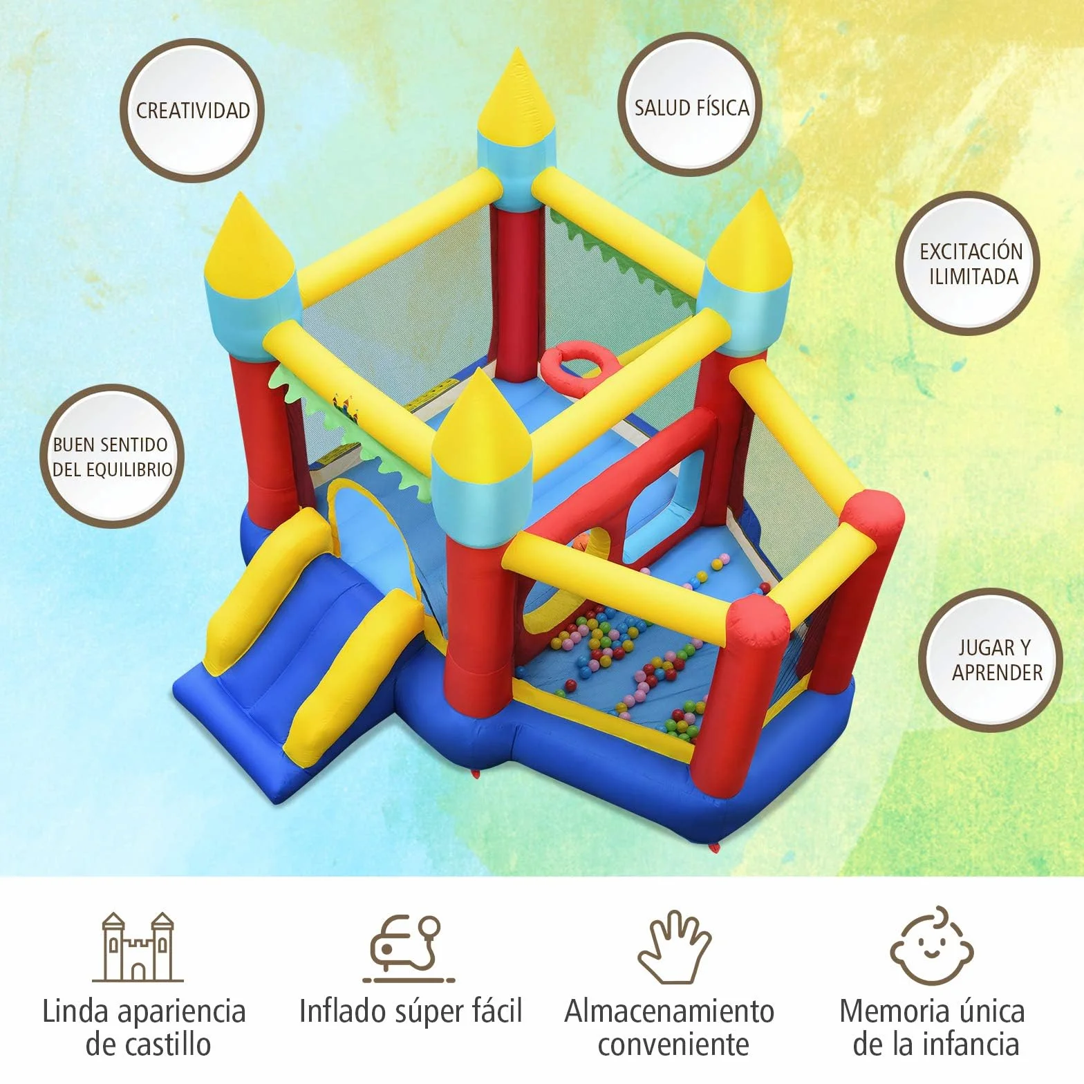 COSTWAY Castillo Hinchable con Tobogán, Castillo Inflable de 301x313x165cm para Niños de 3 a 10 años, con 100 Bolas Oceánicas, Kit de Reparación y Bolsa de Transporte (con Soplador de 480 W)