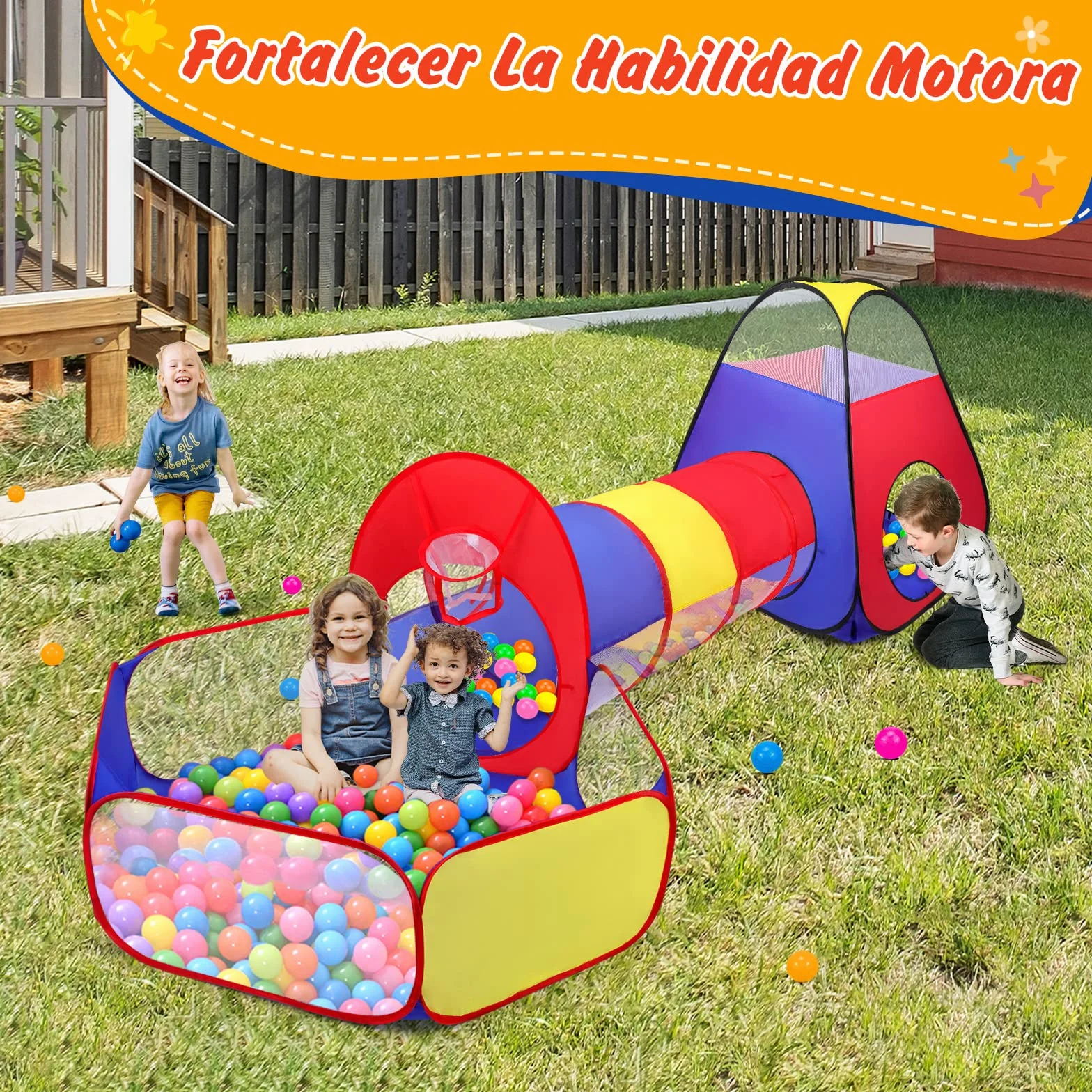 Tienda Campaña Infantil + Piscina de Bolas + Túnel Plegable 3 en 1 Pop Up, Opret Parque de Bolas Exterior o Interior, Juego de Regalo para Niños (No Incluye Las Bolas)